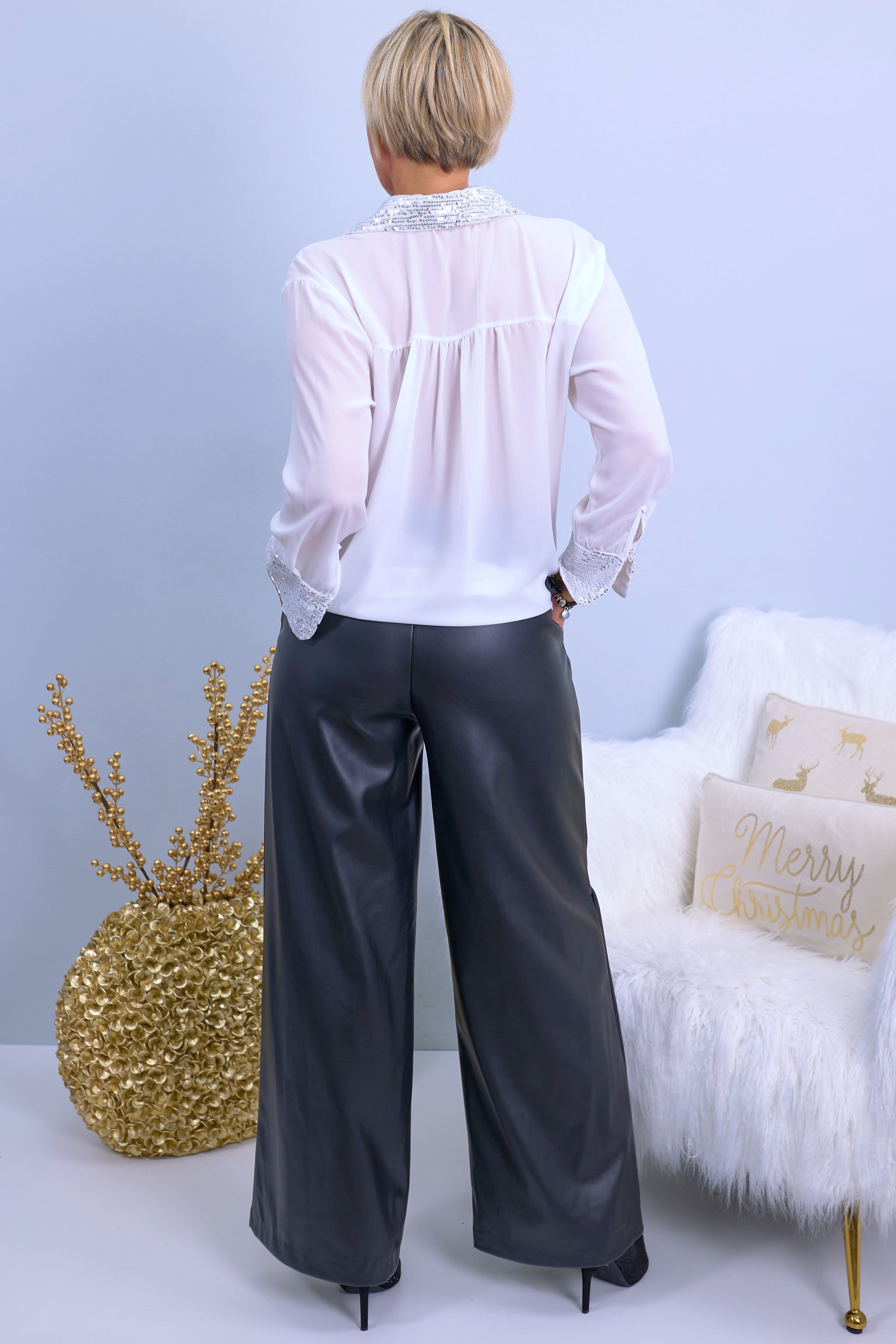 High Waist Marlene Hose in Lederoptik, schwarz