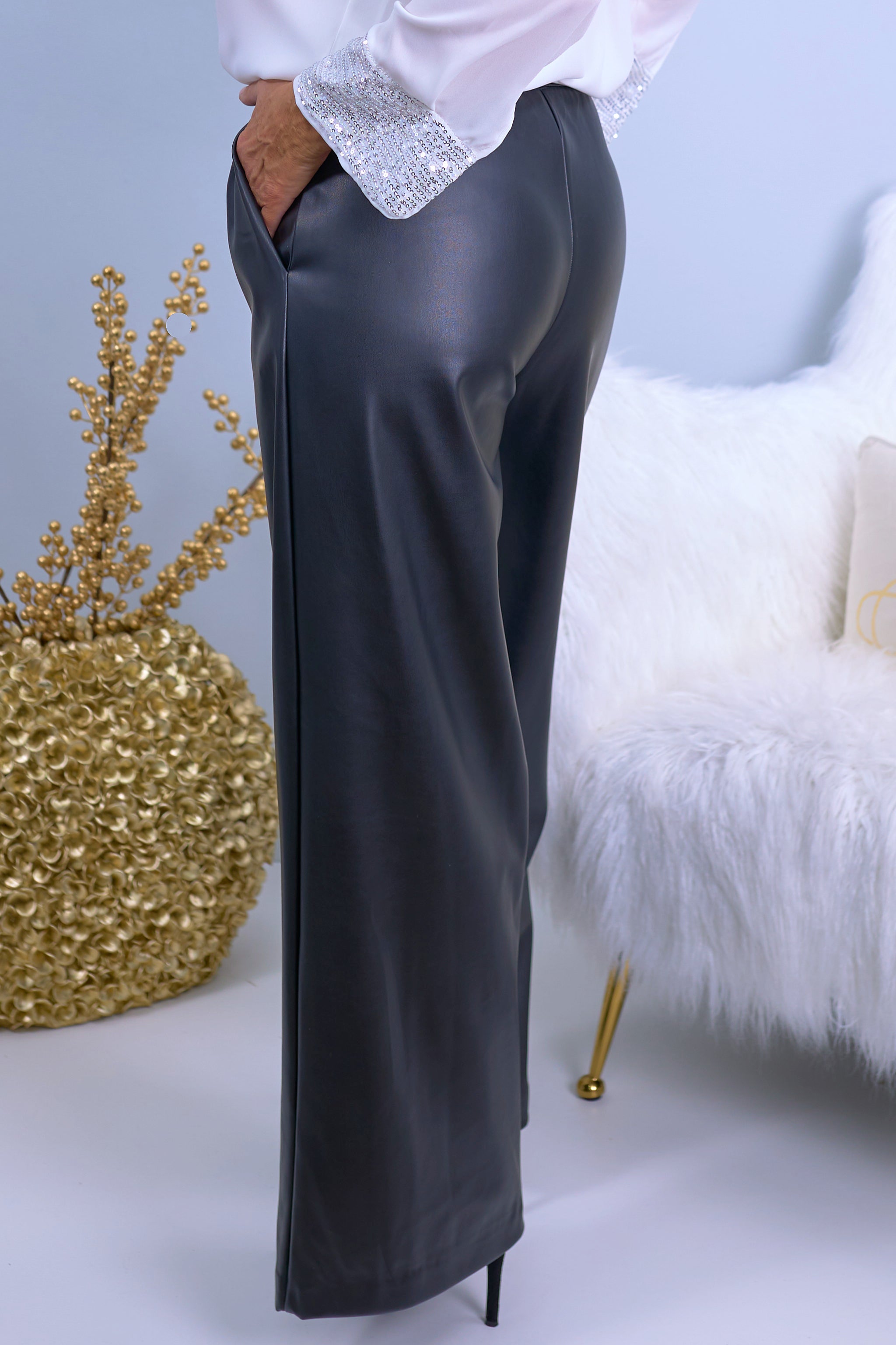 High Waist Marlene Hose in Lederoptik, schwarz