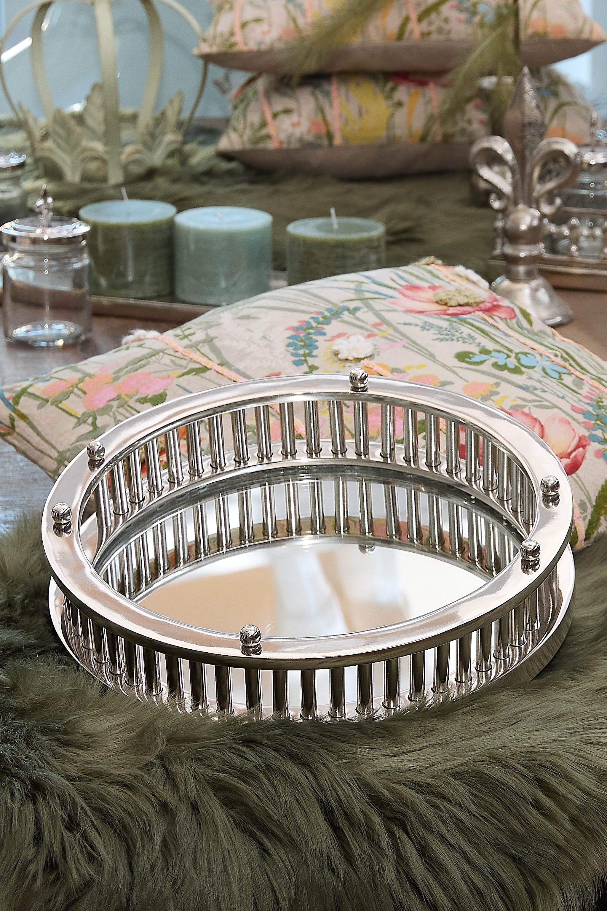 Mirror tray, round, silver