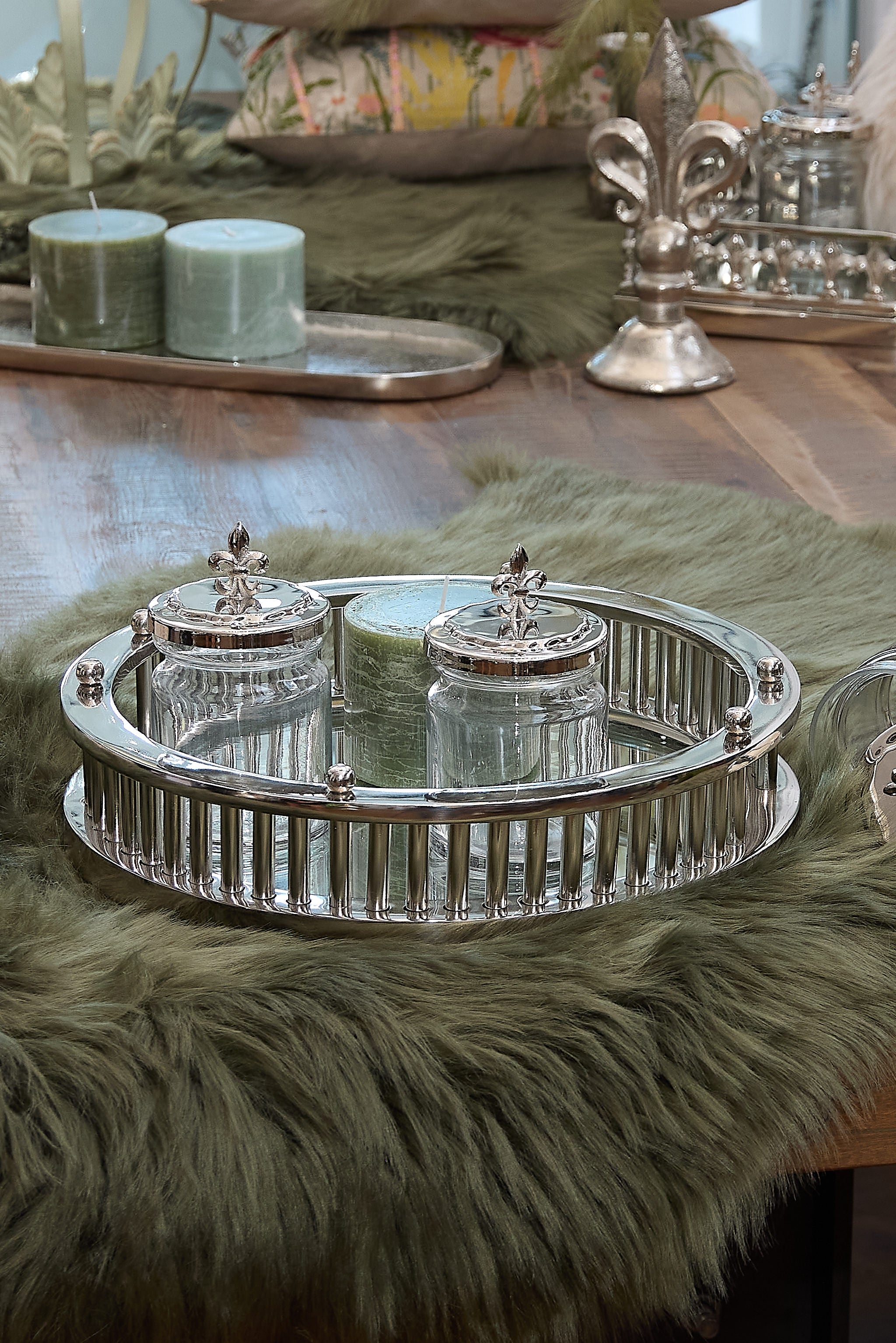 Mirror tray, round, silver