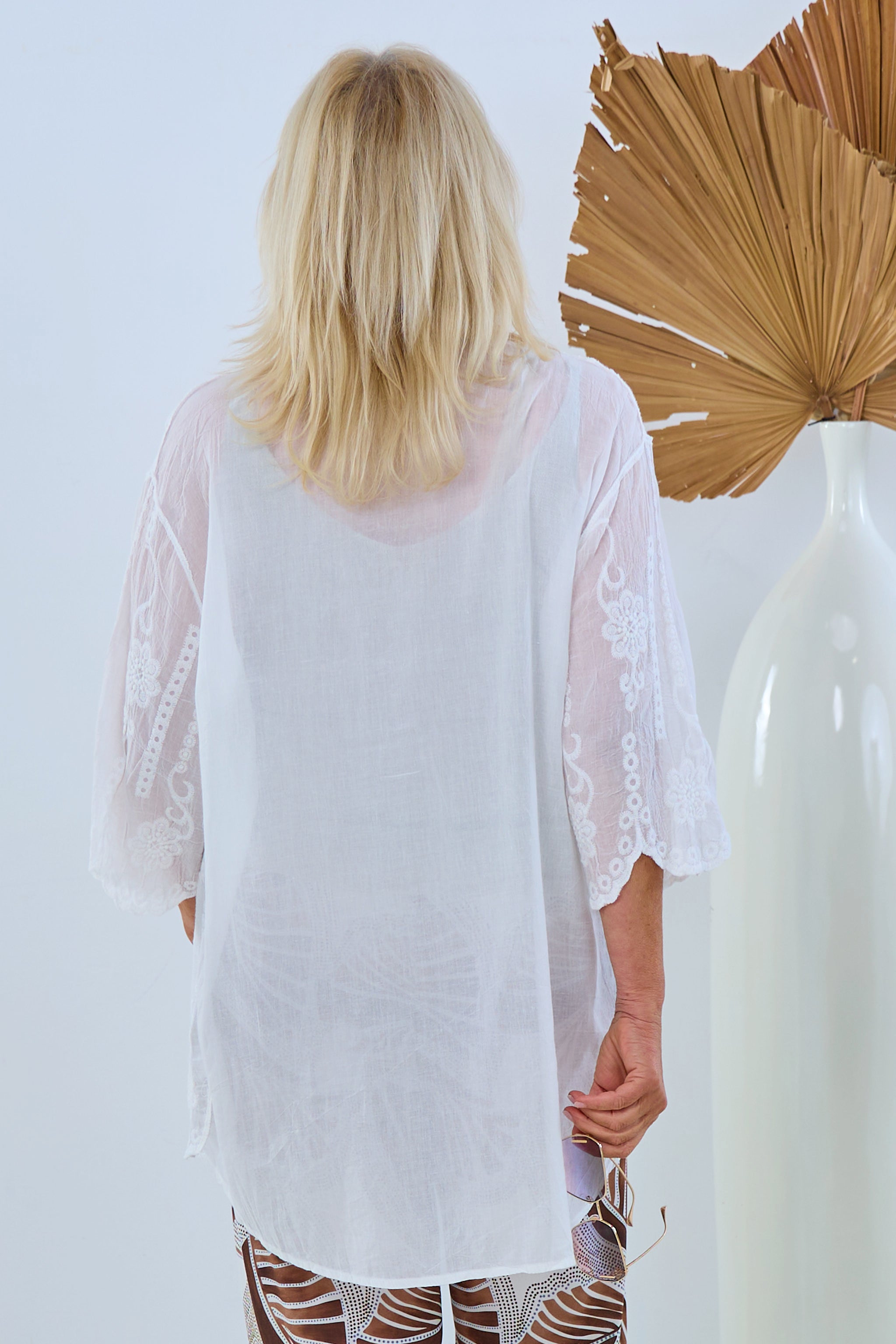 Beautiful embroidered, long blouse, white/ecru