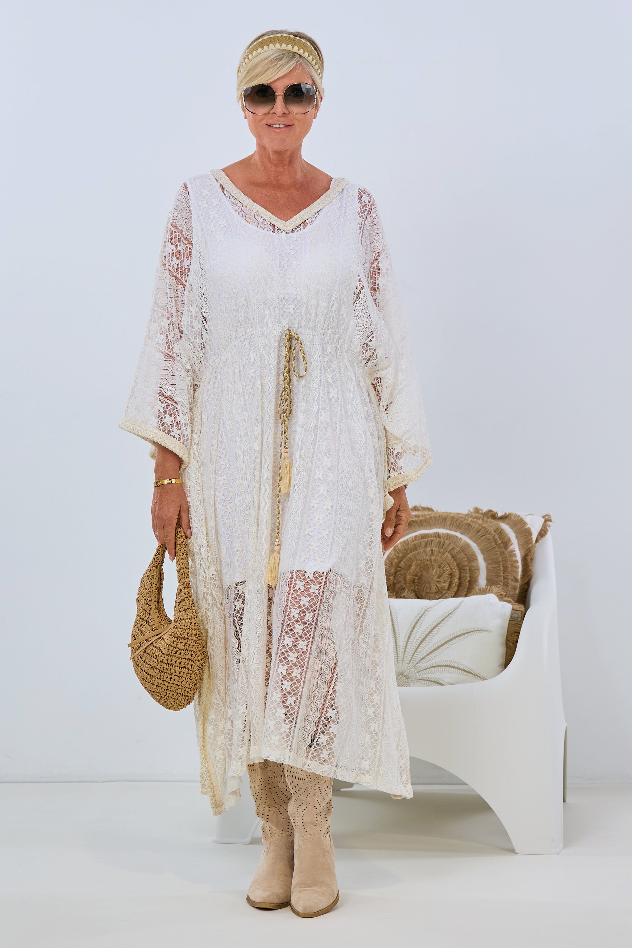 Caftan lace dress, ecru beige