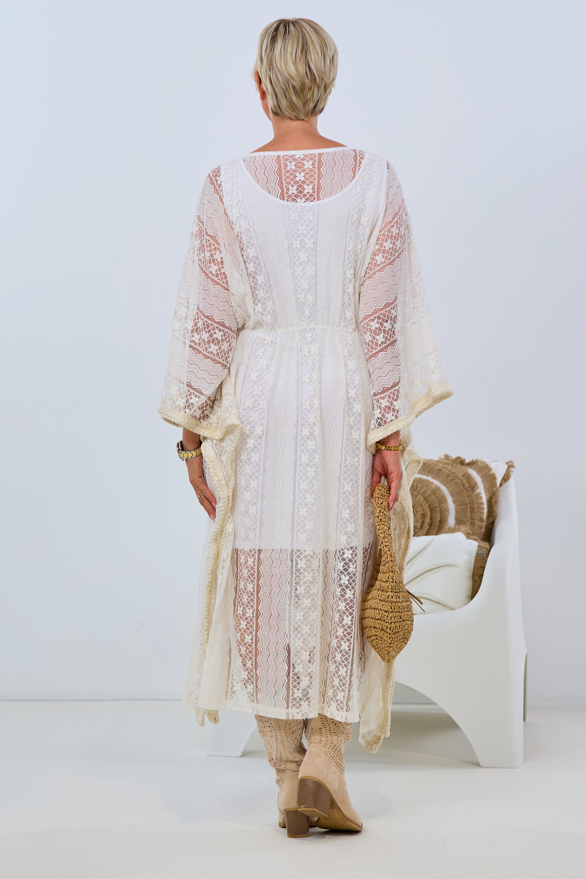 Caftan lace dress, ecru beige