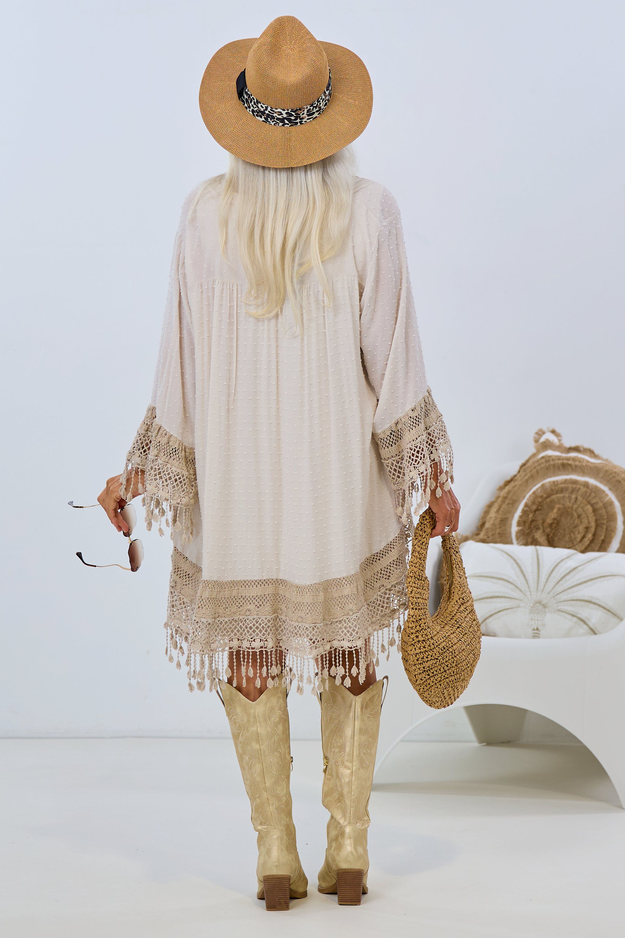 Tunika/Kleid mit Fransen und Stickerei, beige