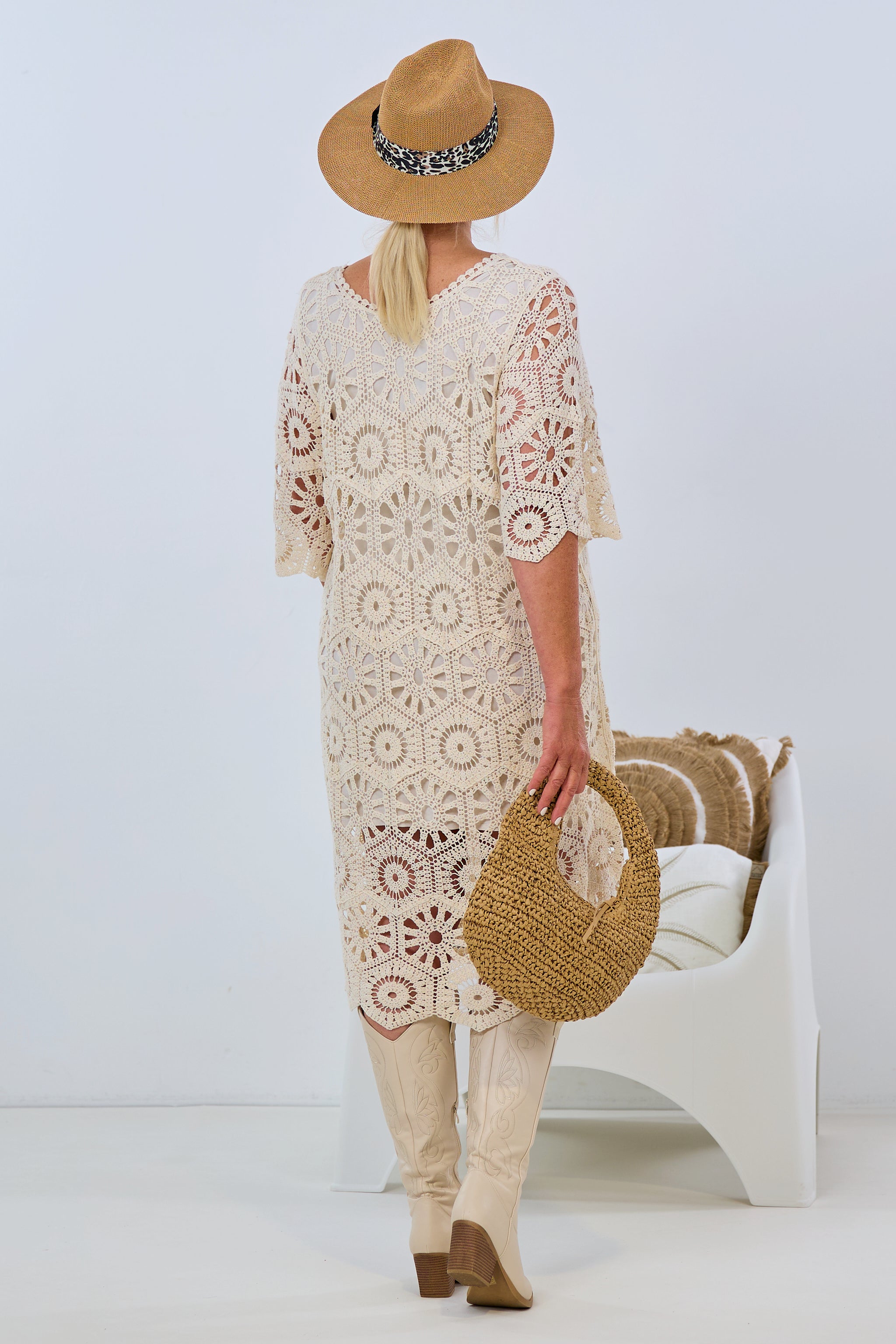Long crochet dress with great pattern, beige