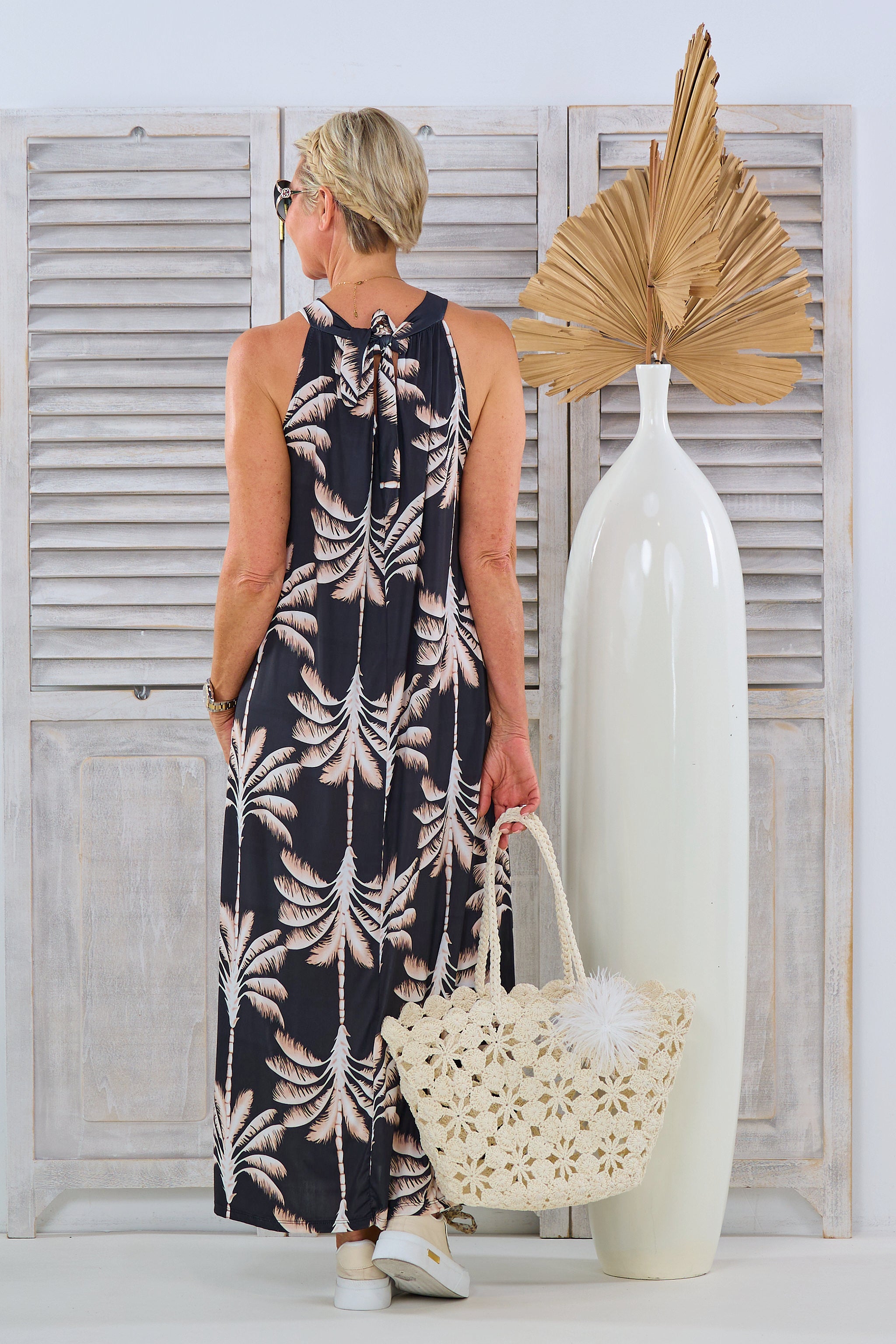 long halter dress with palm pattern, black-beige