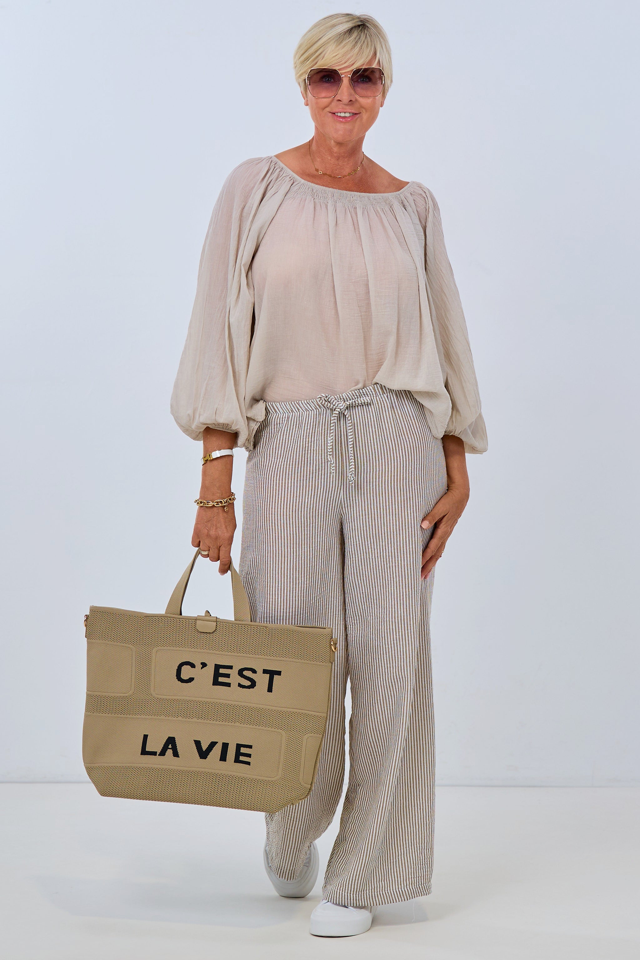 striped summer pants, taupe-white