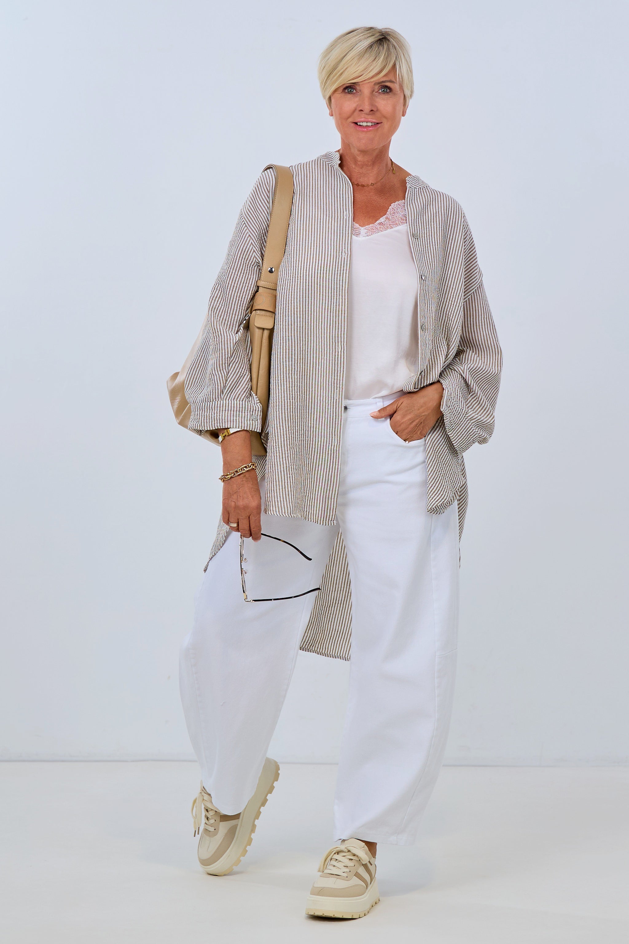 Long, striped oversized shirt, taupe-white