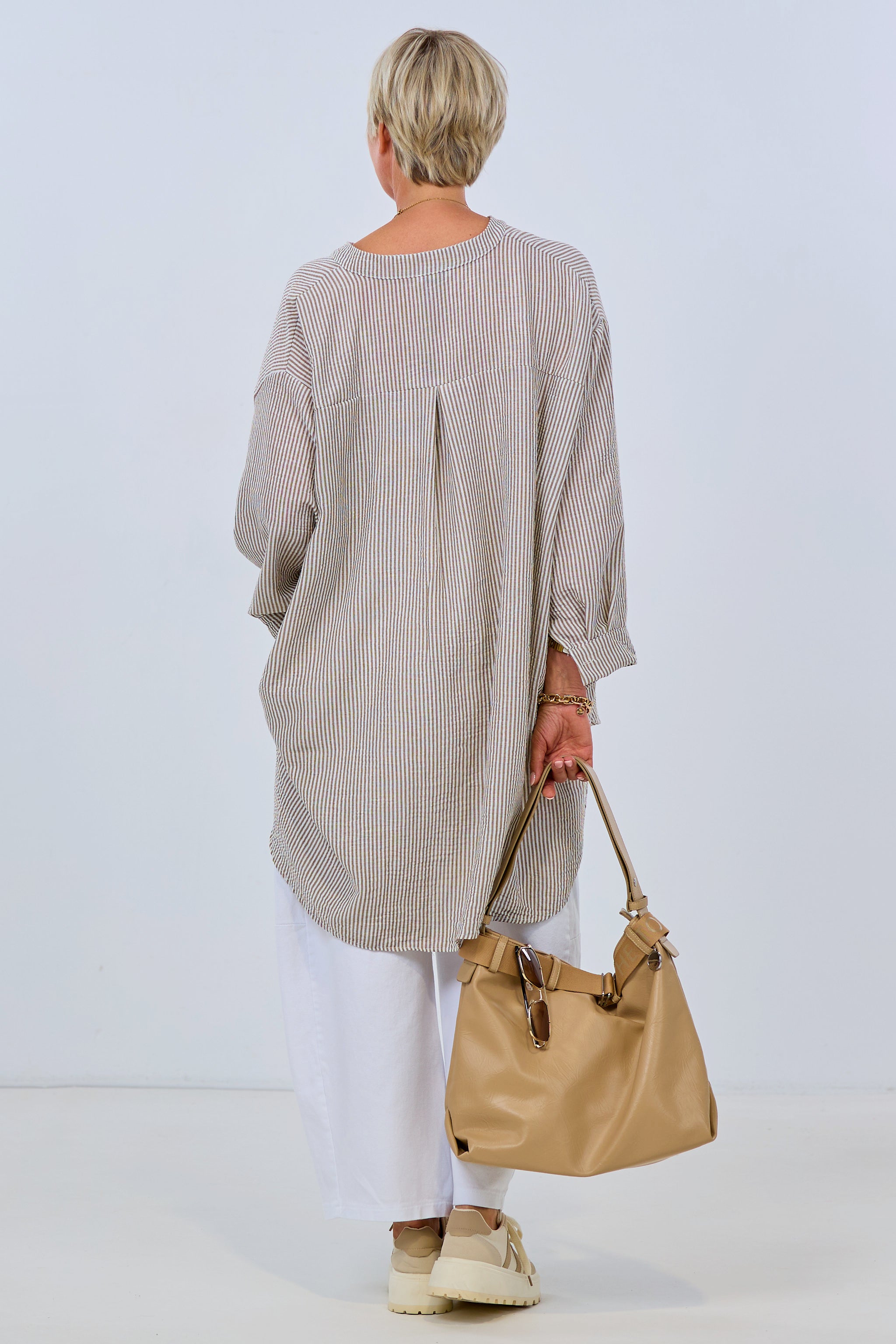 Long, striped oversized shirt, taupe-white