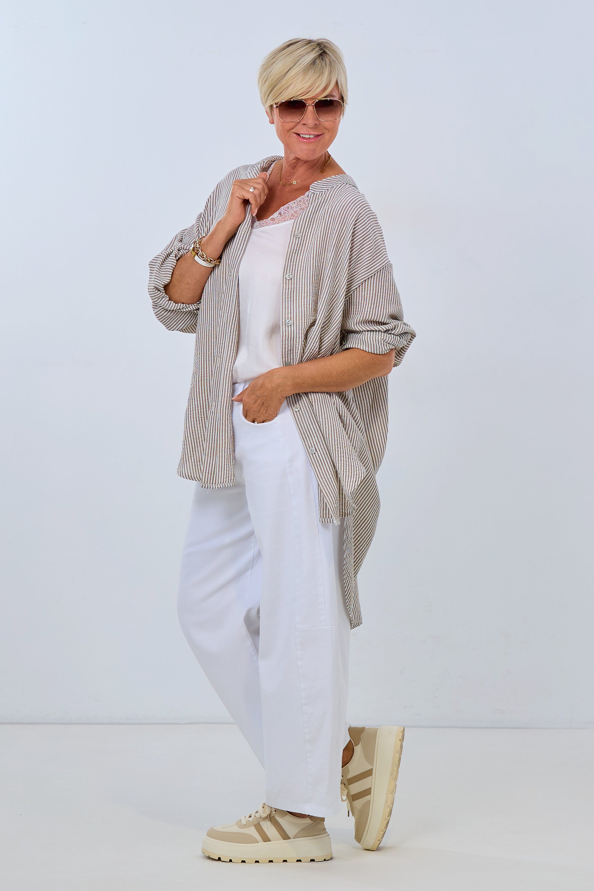Long, striped oversized shirt, taupe-white