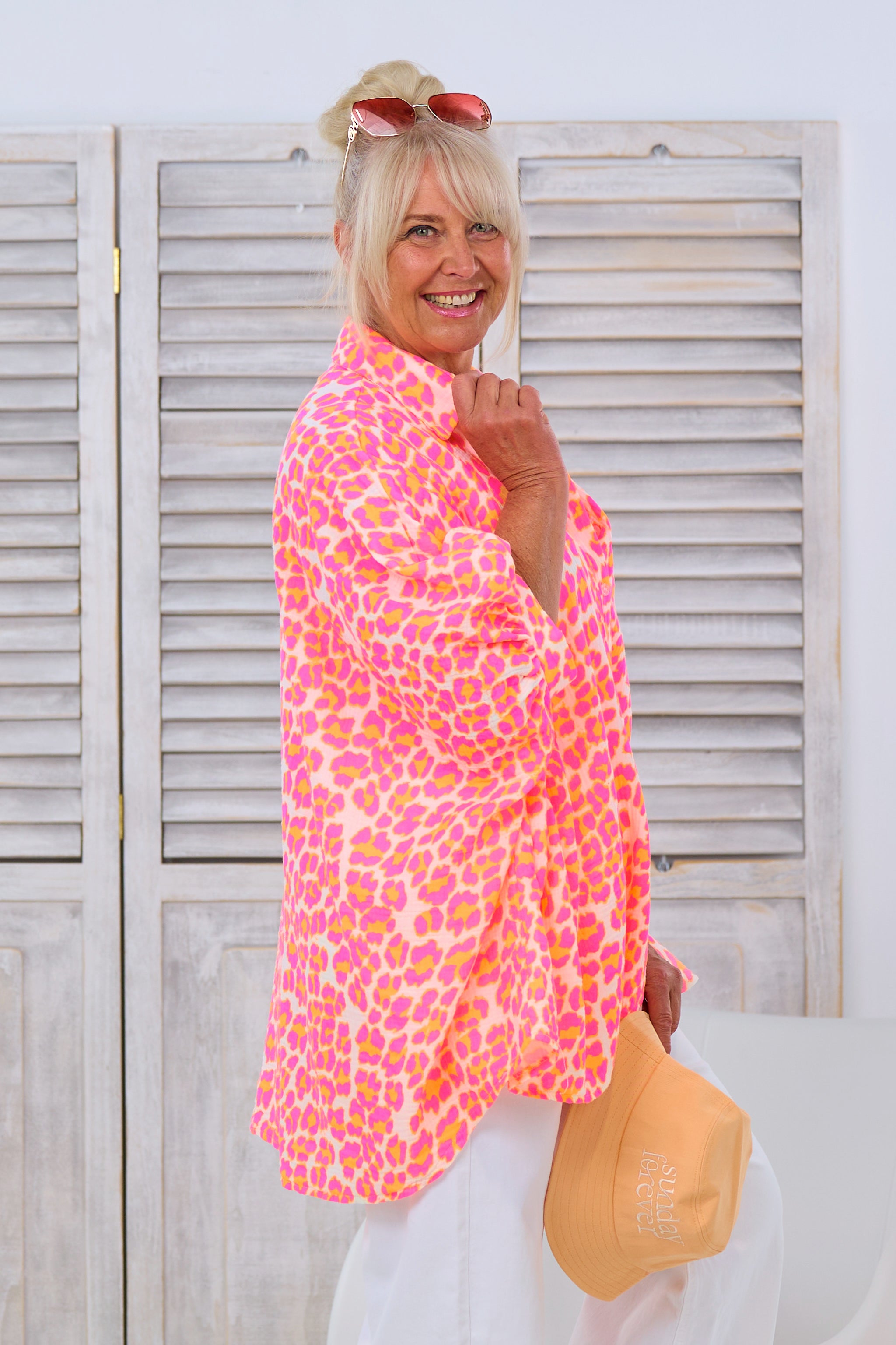 oversized muslin blouse with leopard pattern, pink-orange-ecru