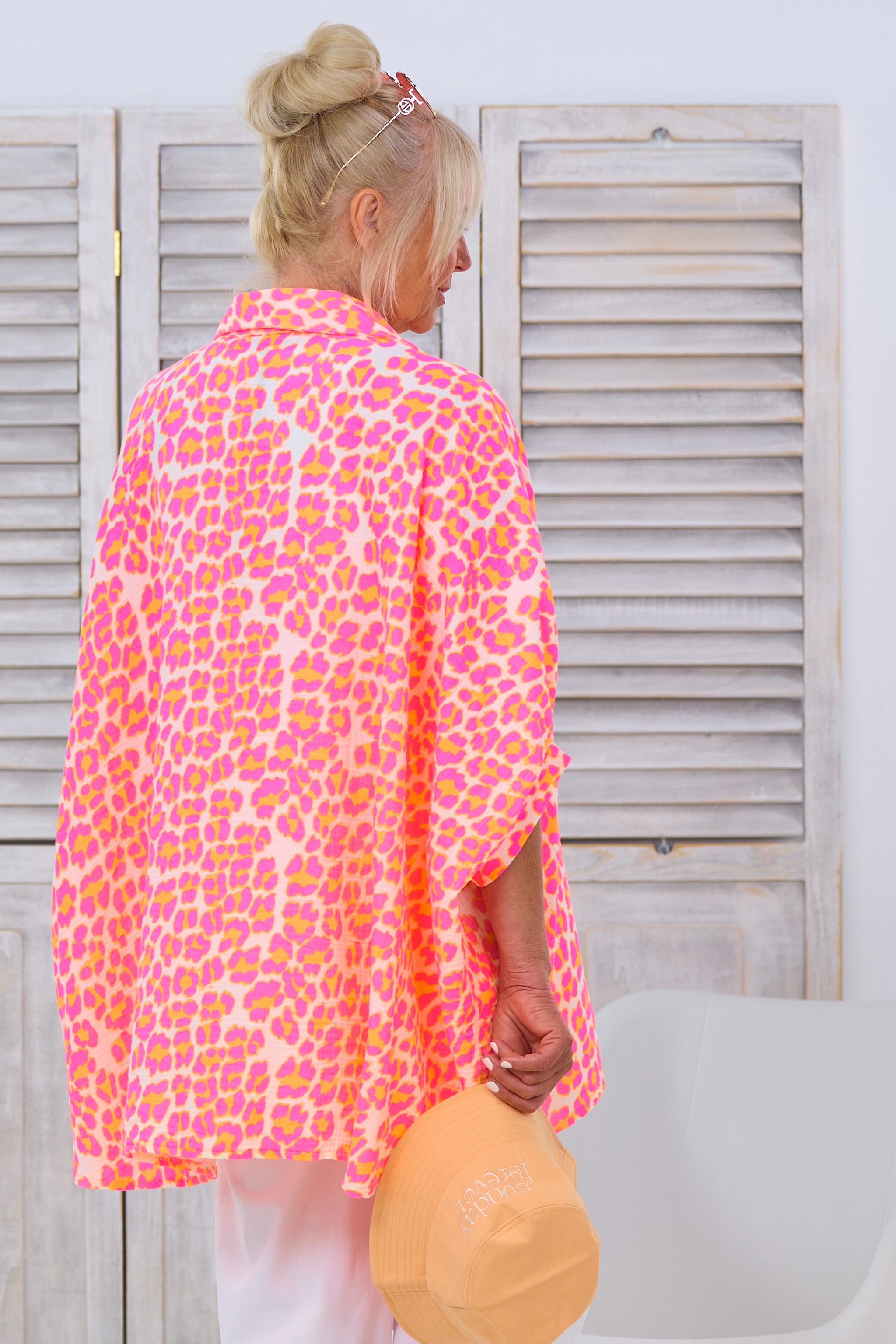 oversized muslin blouse with leopard pattern, pink-orange-ecru