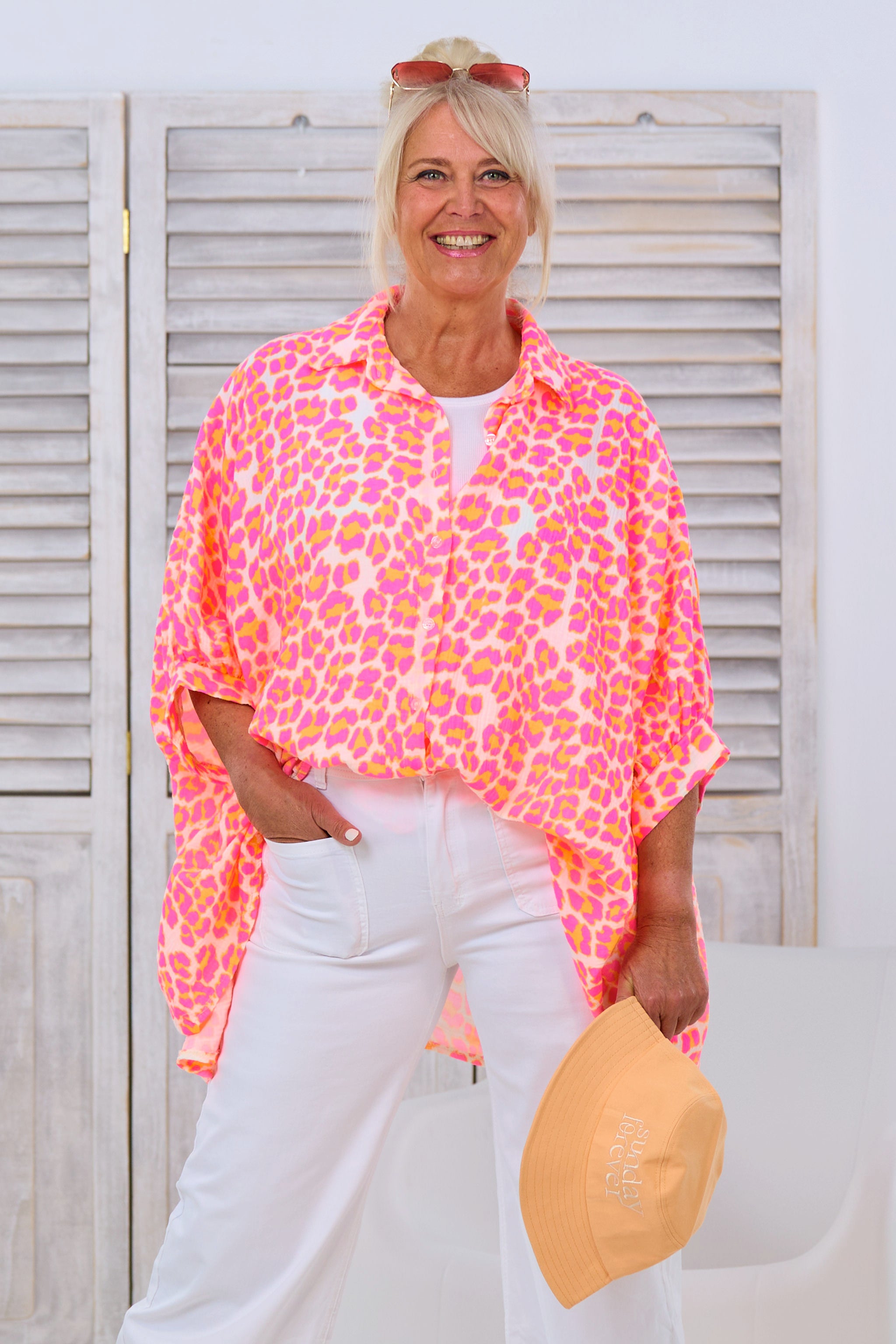 oversized muslin blouse with leopard pattern, pink-orange-ecru