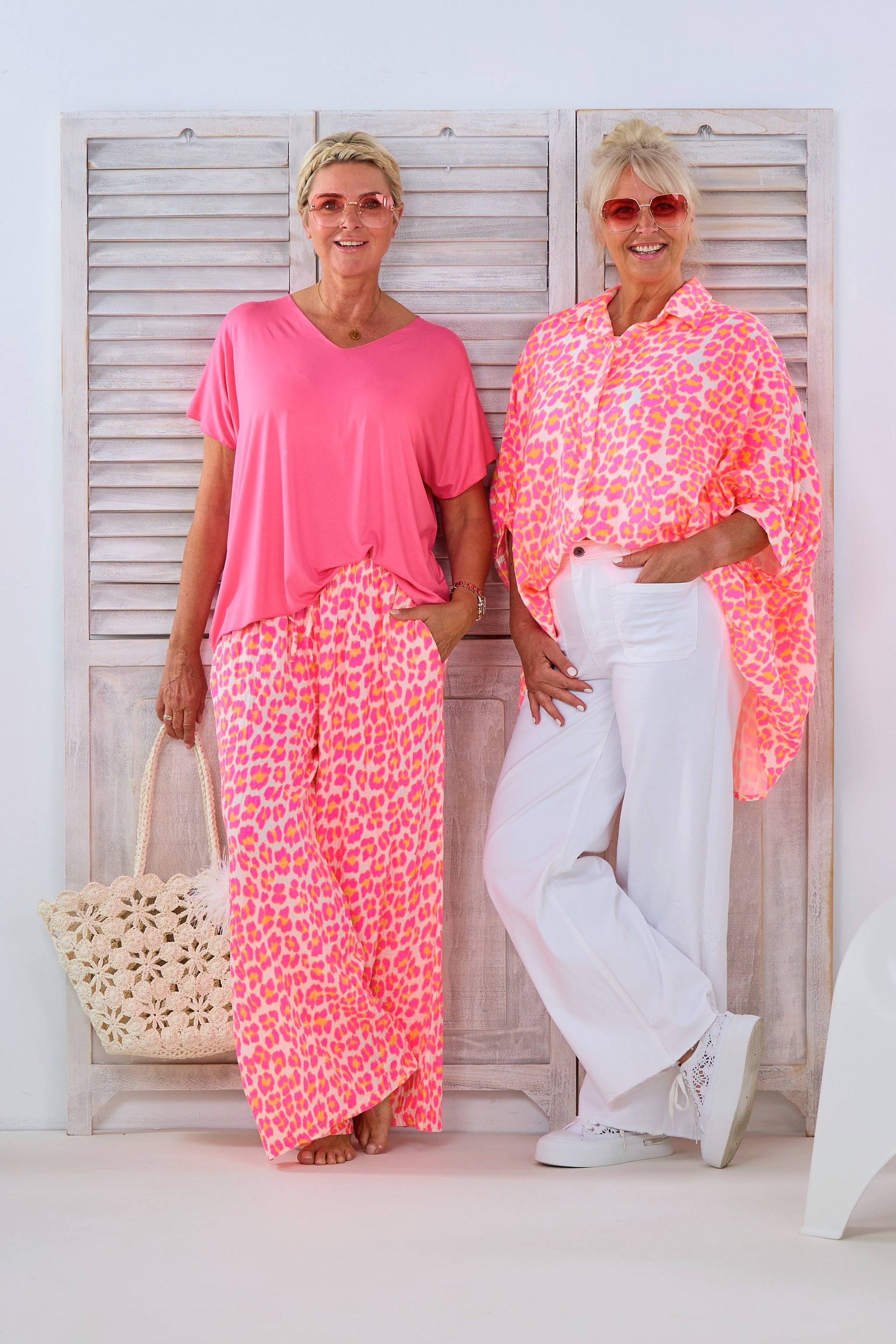 oversized muslin blouse with leopard pattern, pink-orange-ecru