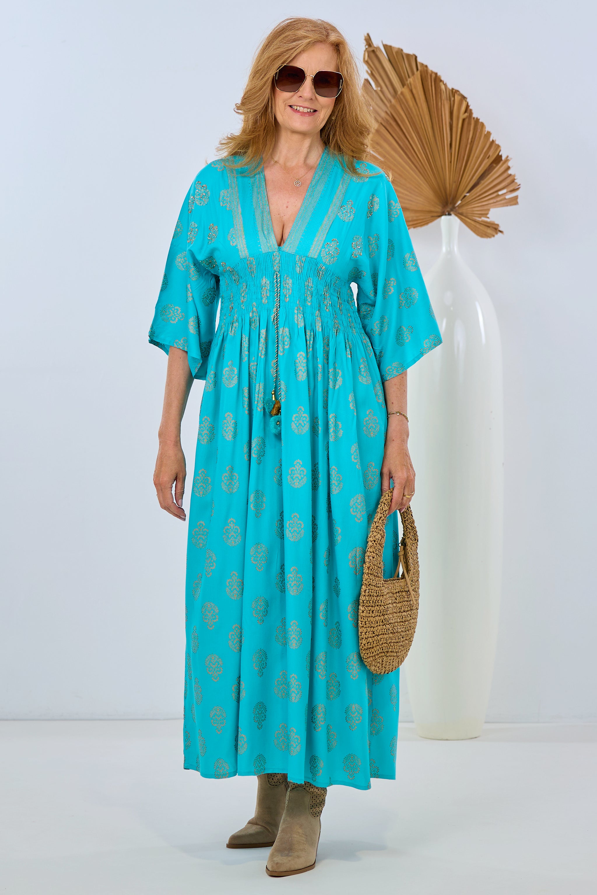 Long dress in boho style, turquoise-gold