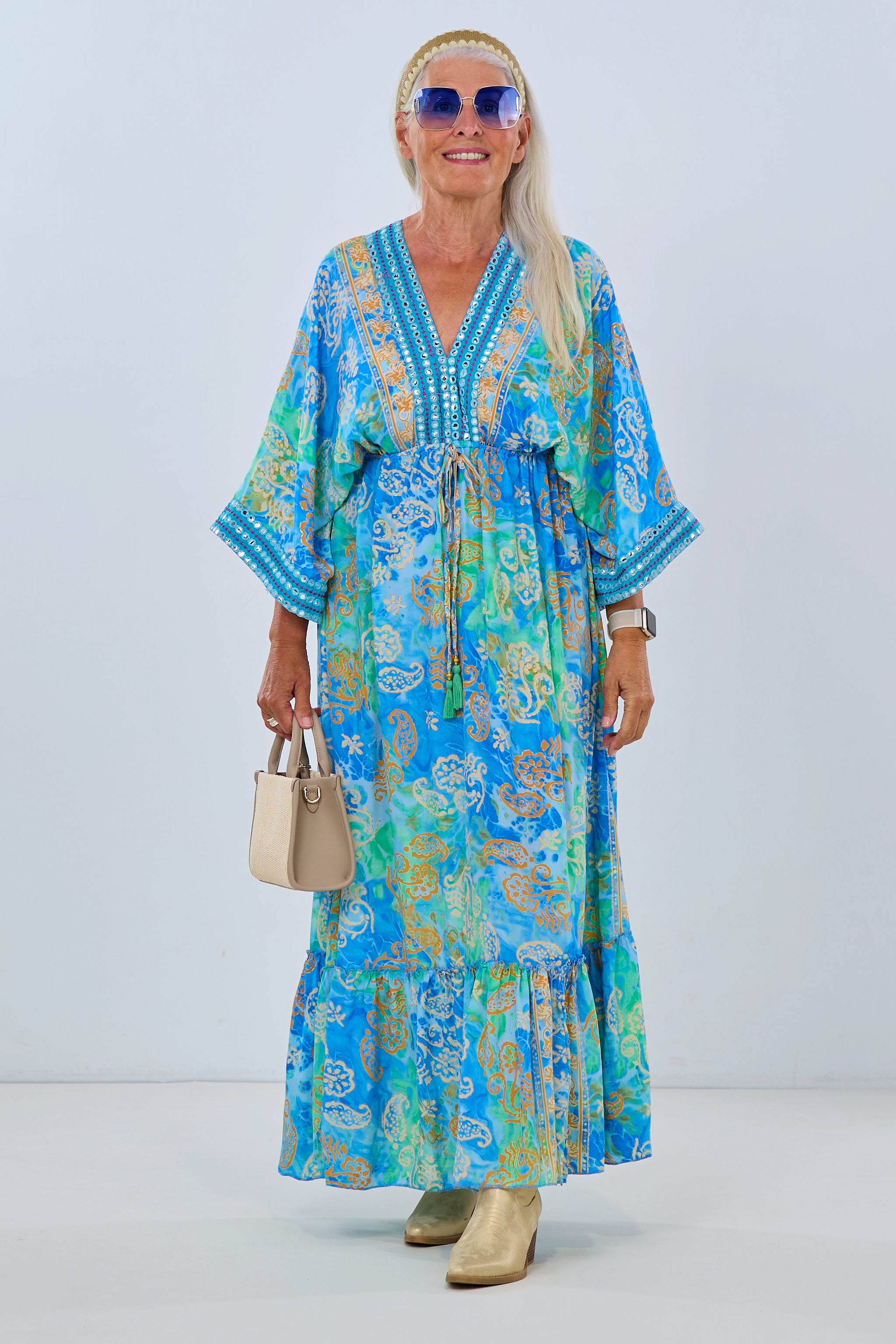 Long dress in boho style, blue-green