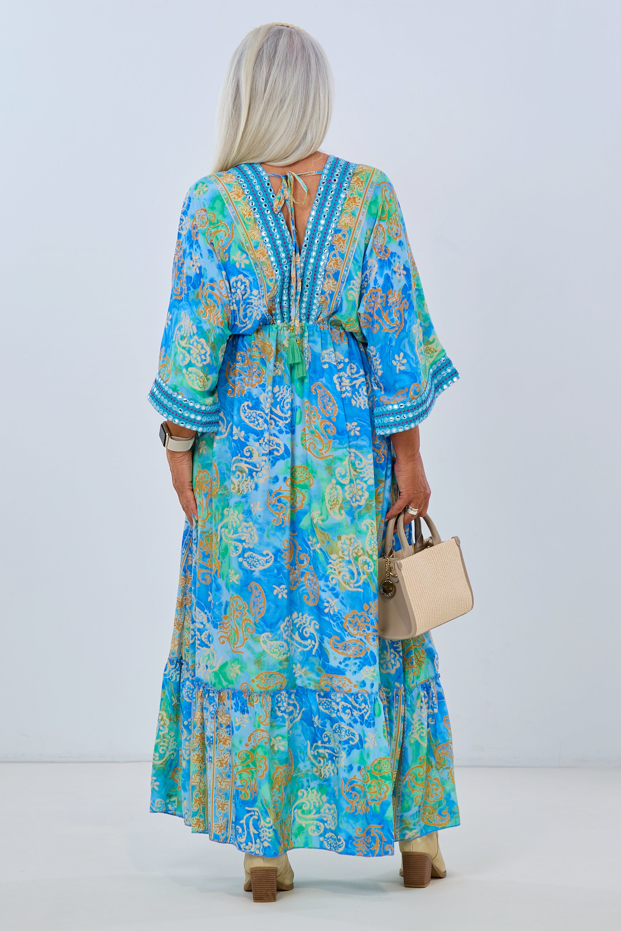 Long dress in boho style, blue-green