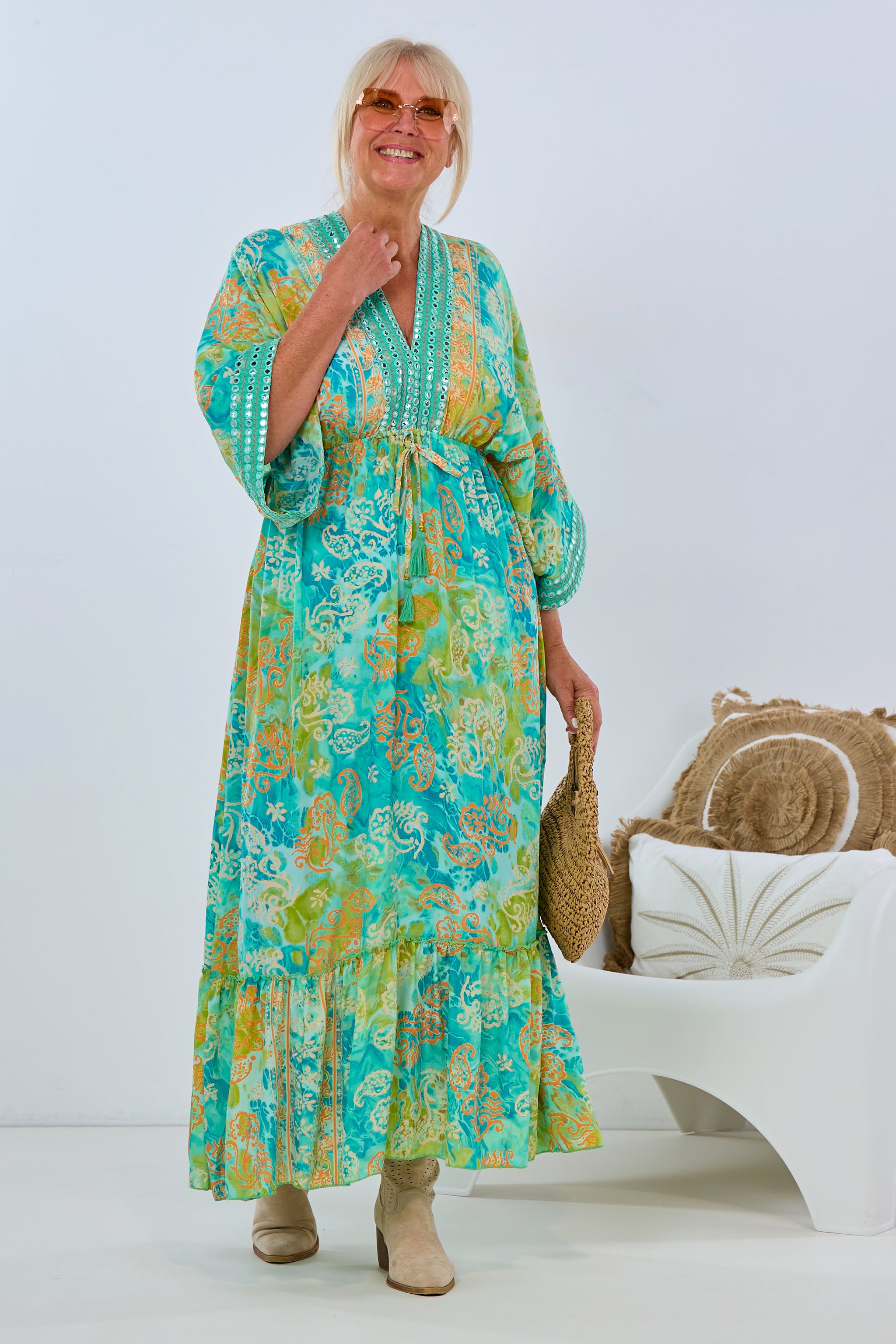 Long dress in boho style, green-orange