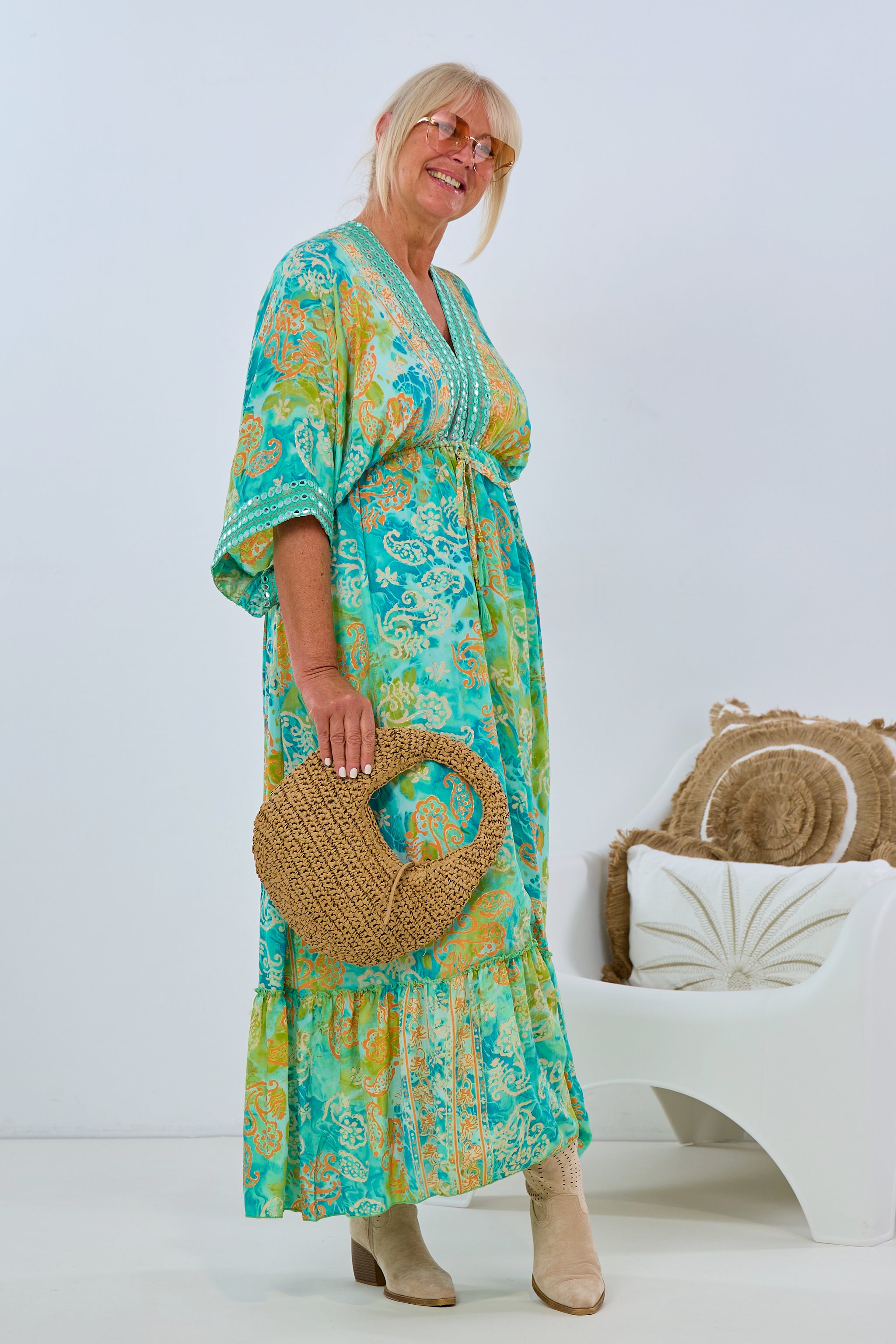 Long dress in boho style, green-orange