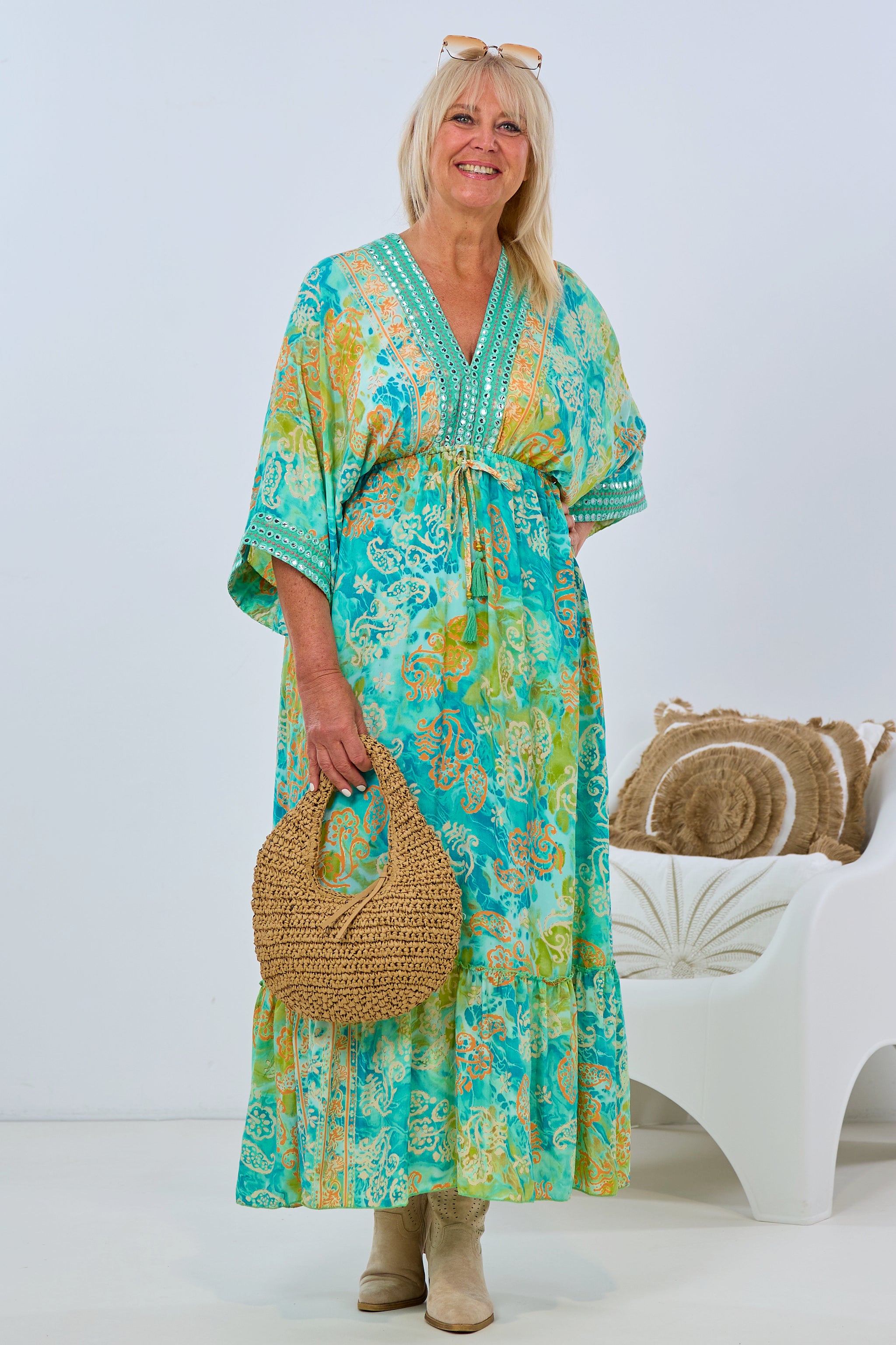 Long dress in boho style, green-orange
