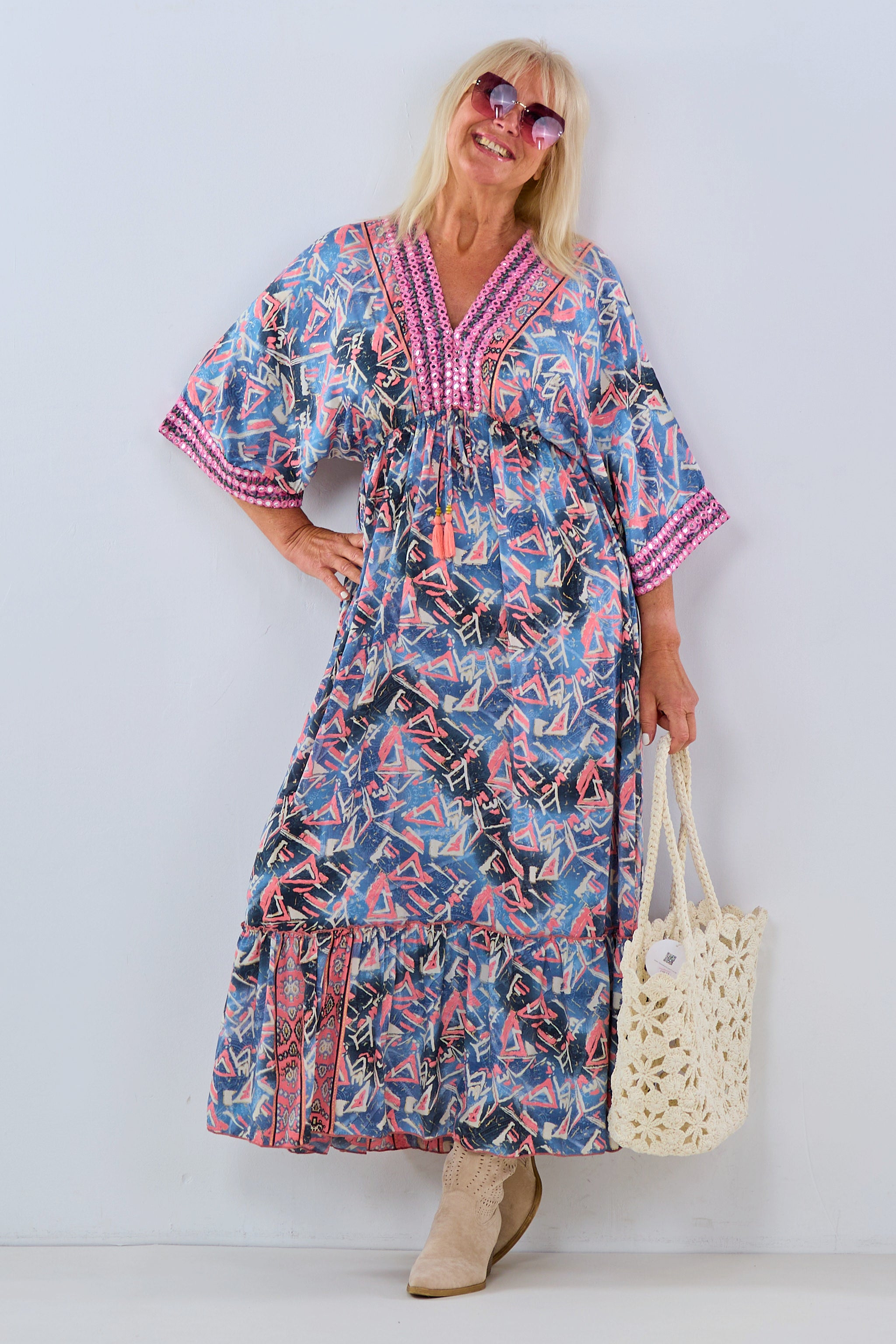 Long dress in boho style, dark blue-pink