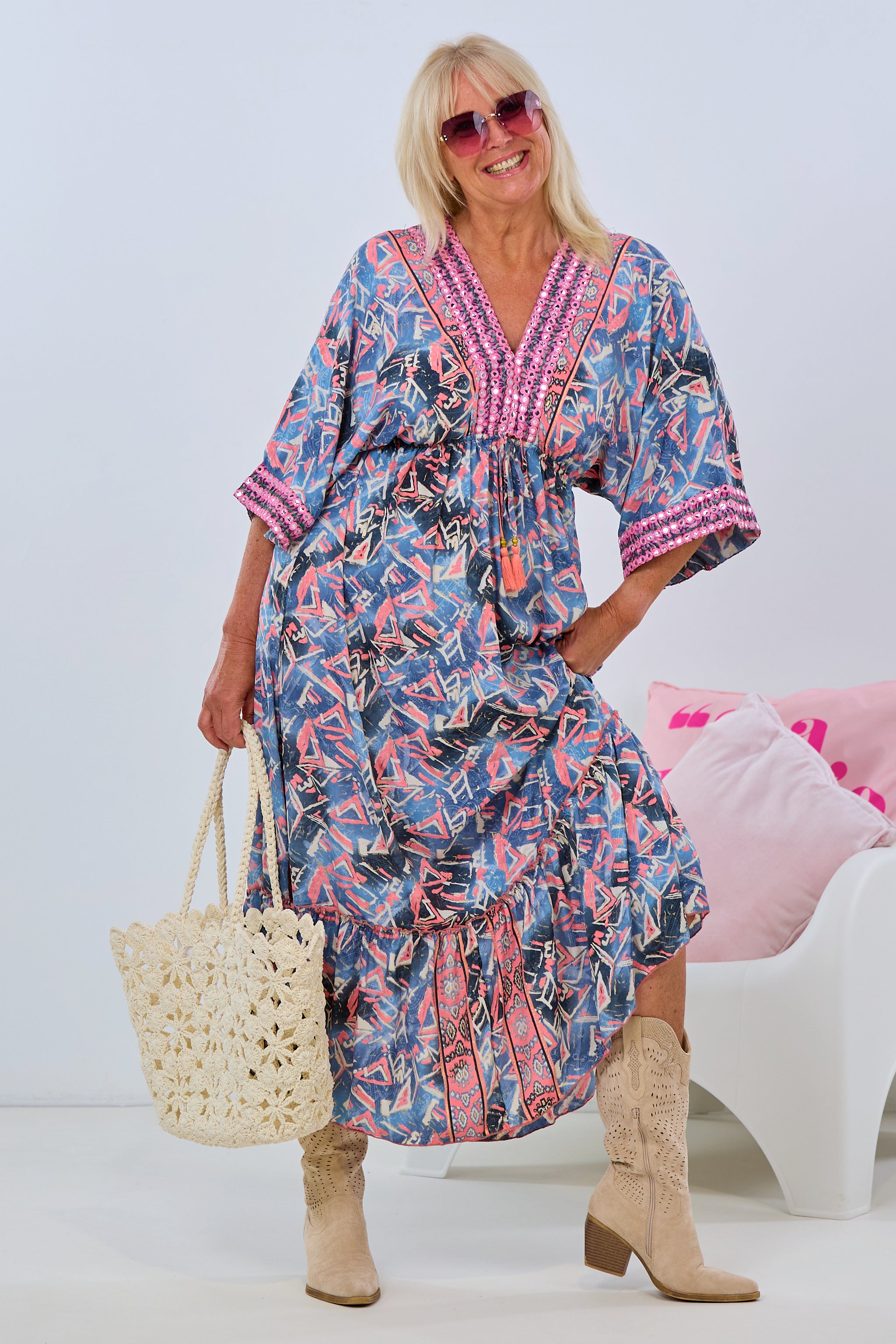 Long dress in boho style, dark blue-pink