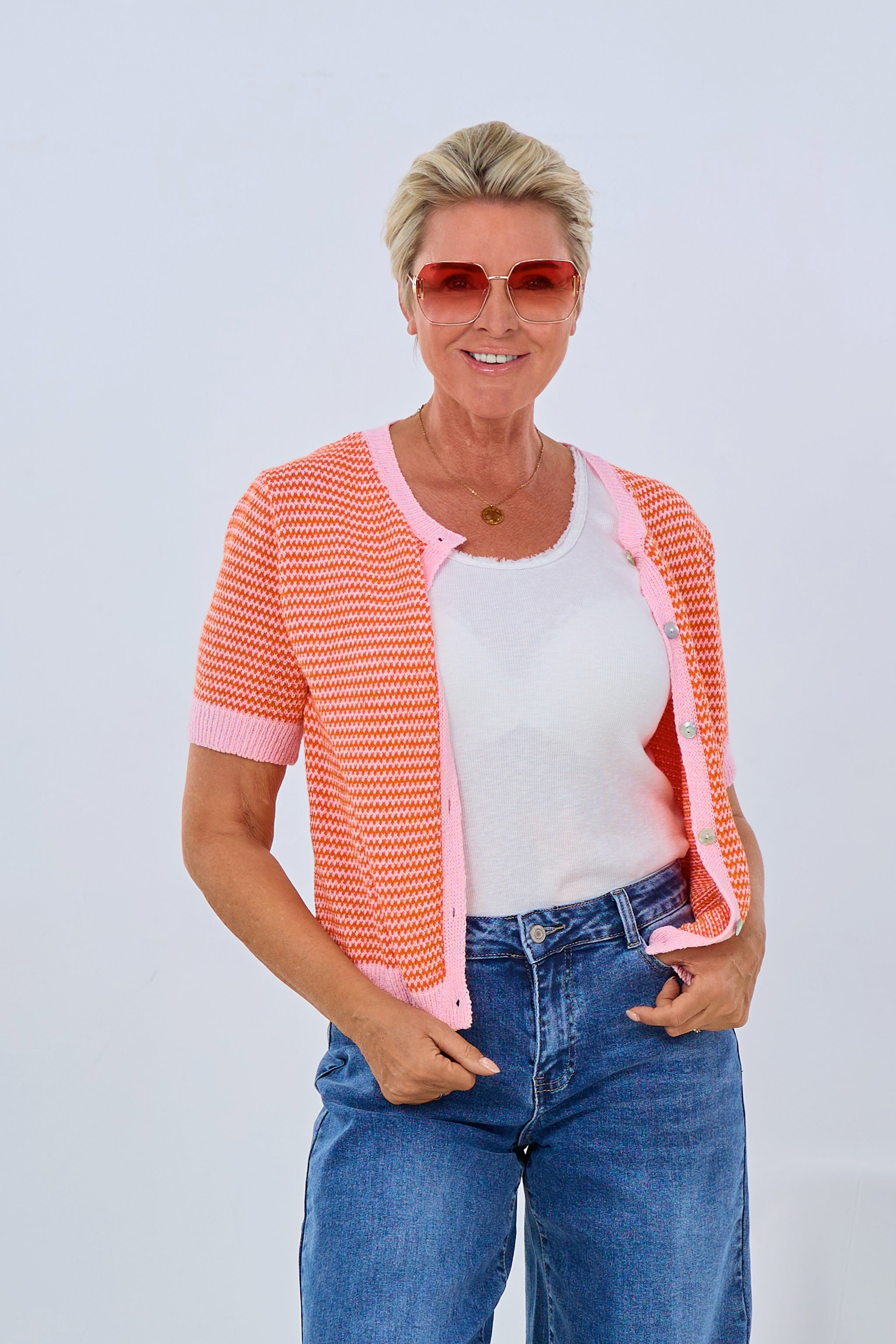 Short-sleeve cardigan, orange-pink