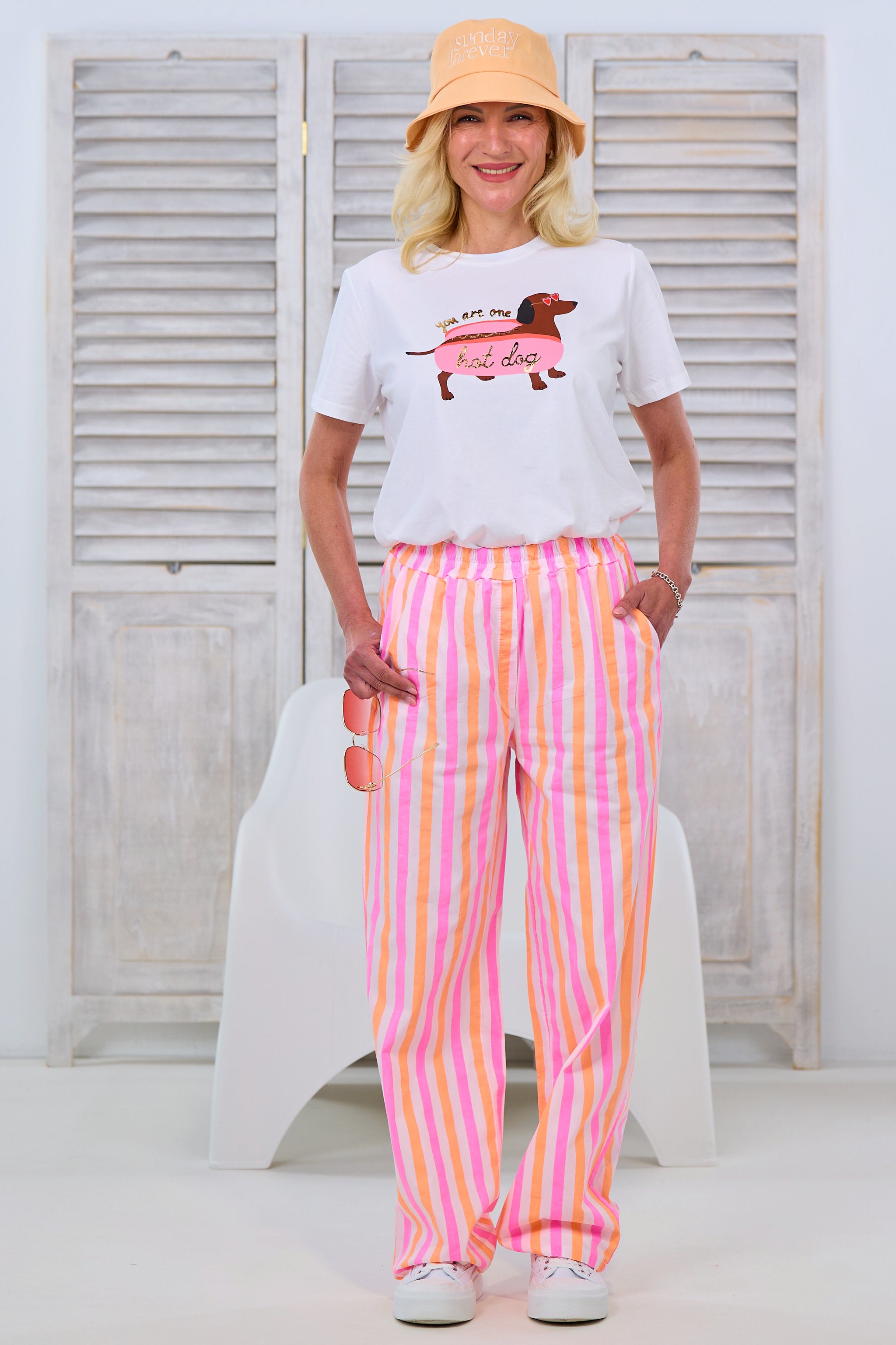 gestreifte Hose, ecru-pink-orange