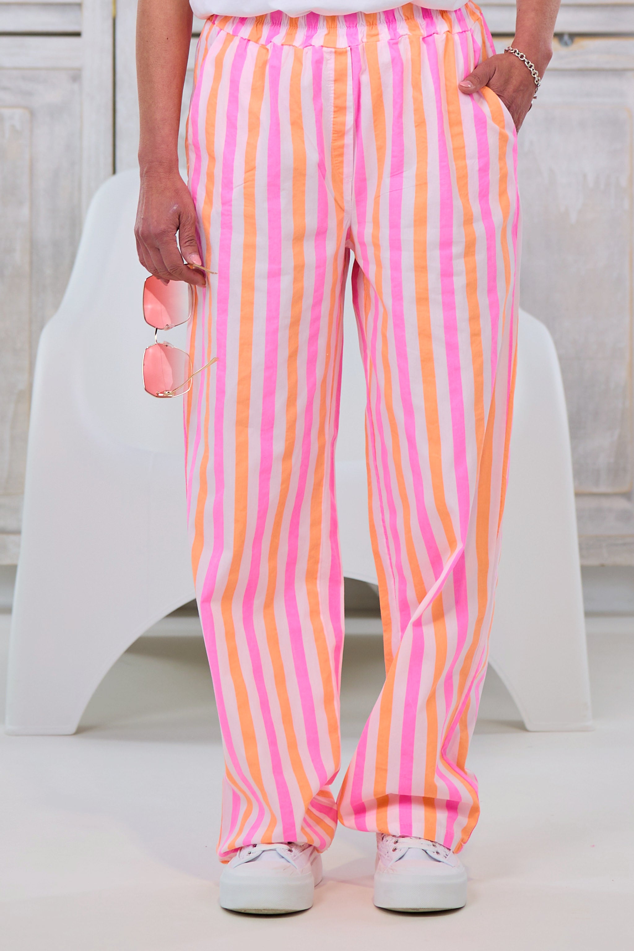 gestreifte Hose, ecru-pink-orange