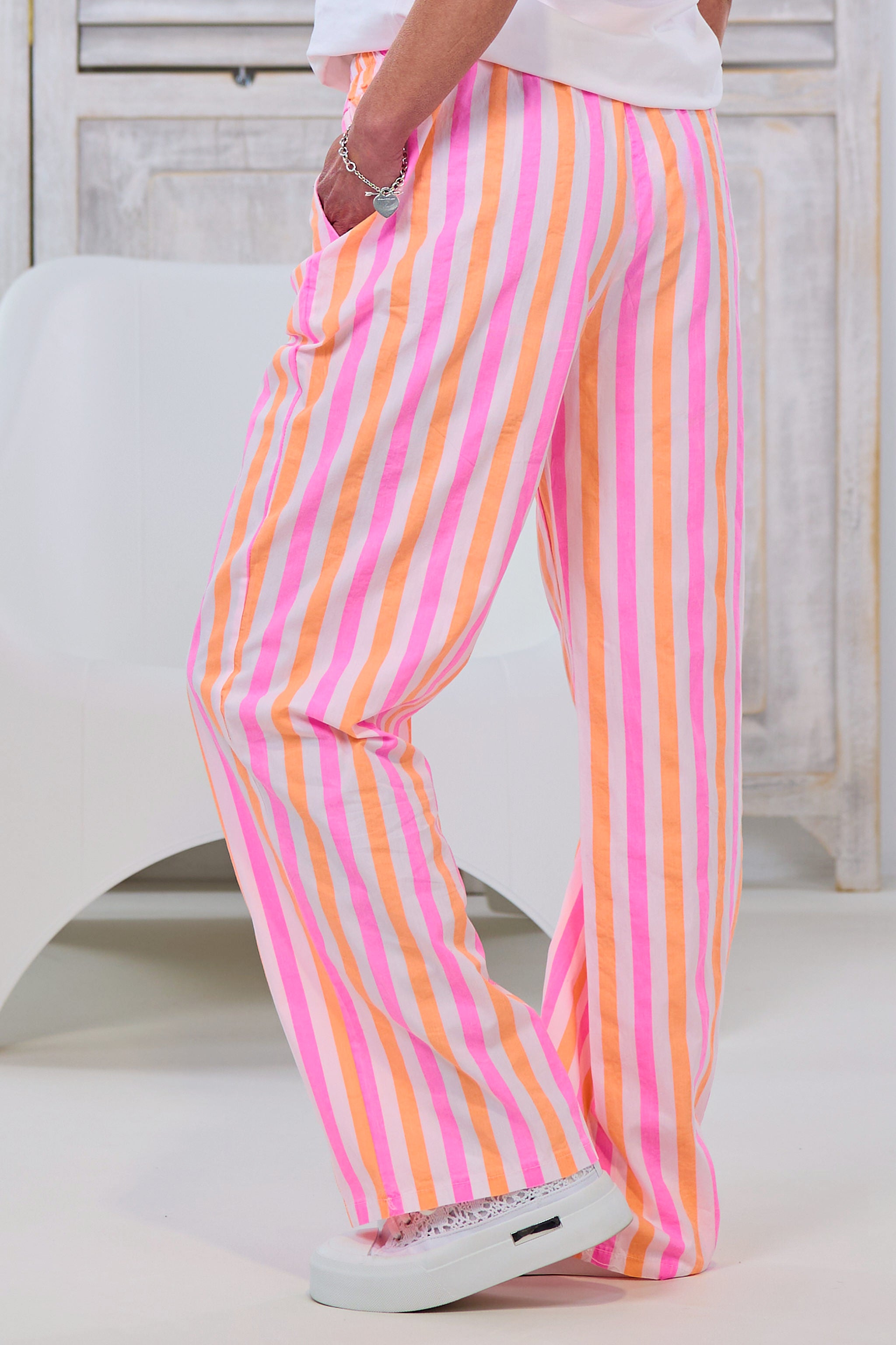 gestreifte Hose, ecru-pink-orange