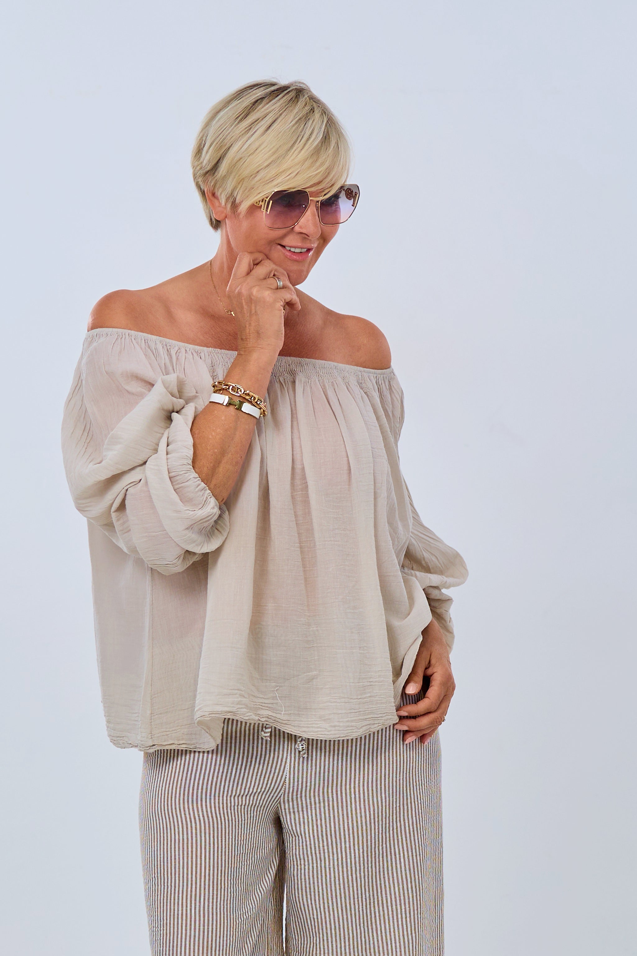 airy blouse with off-the-shoulder neckline, beige