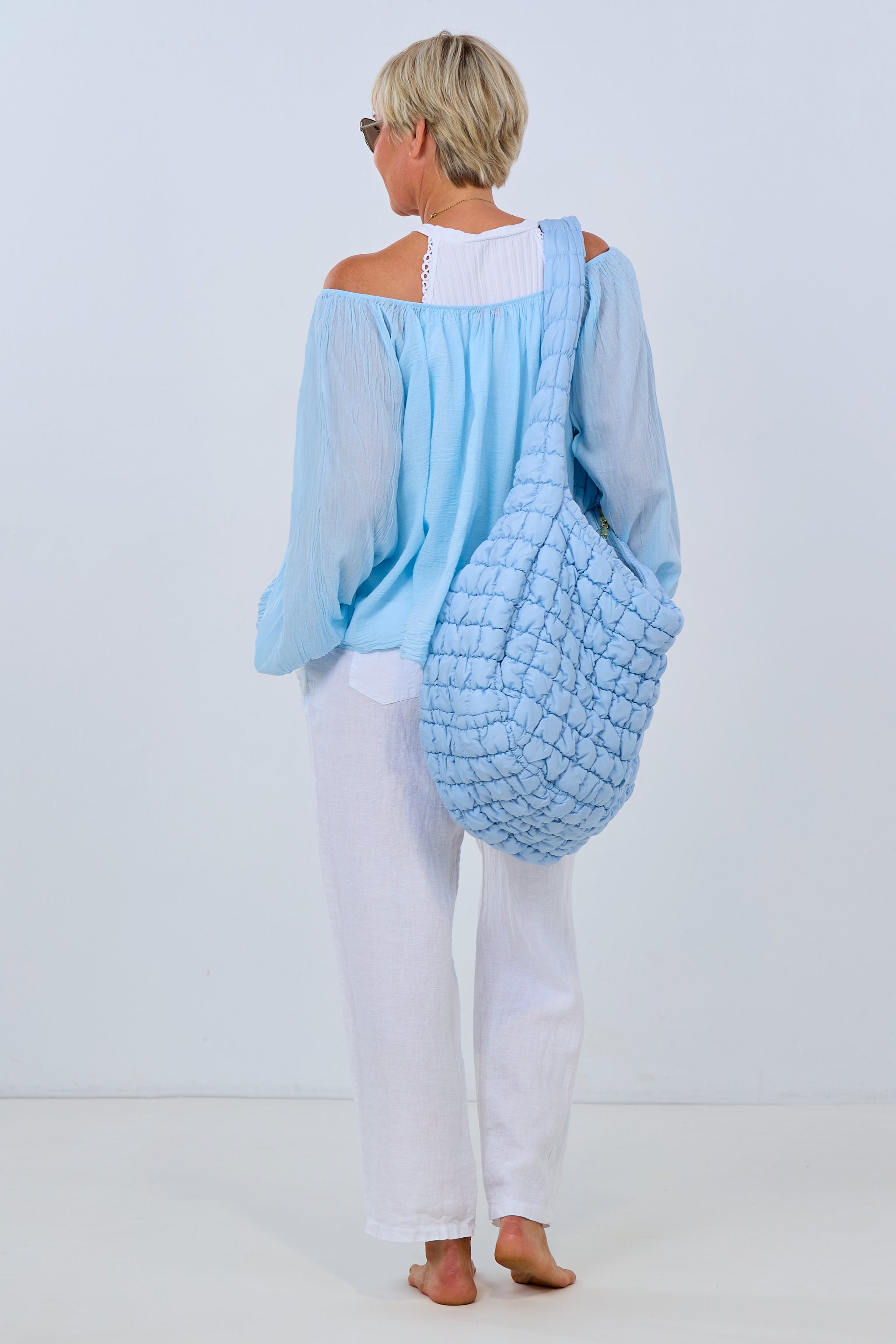airy blouse with boat neckline, light blue