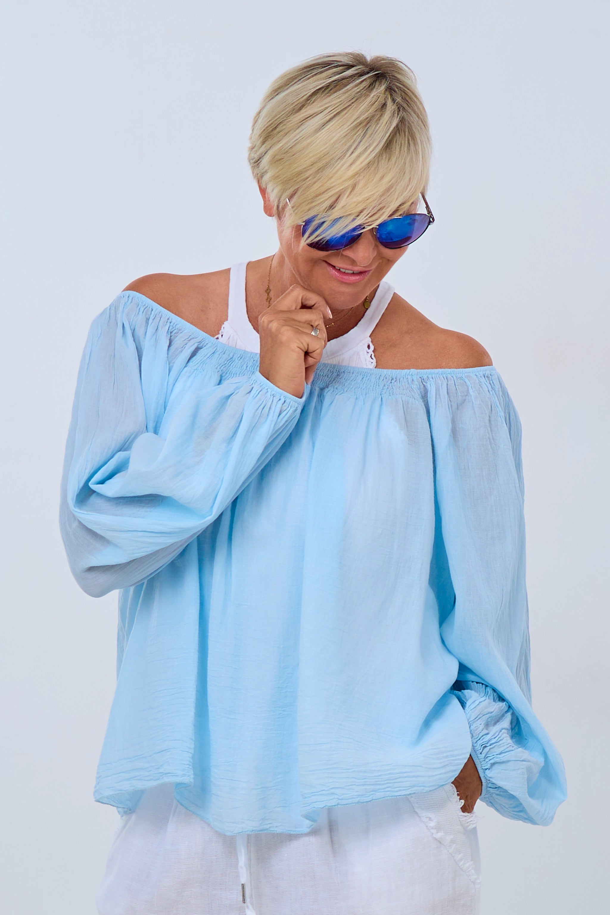 airy blouse with boat neckline, light blue