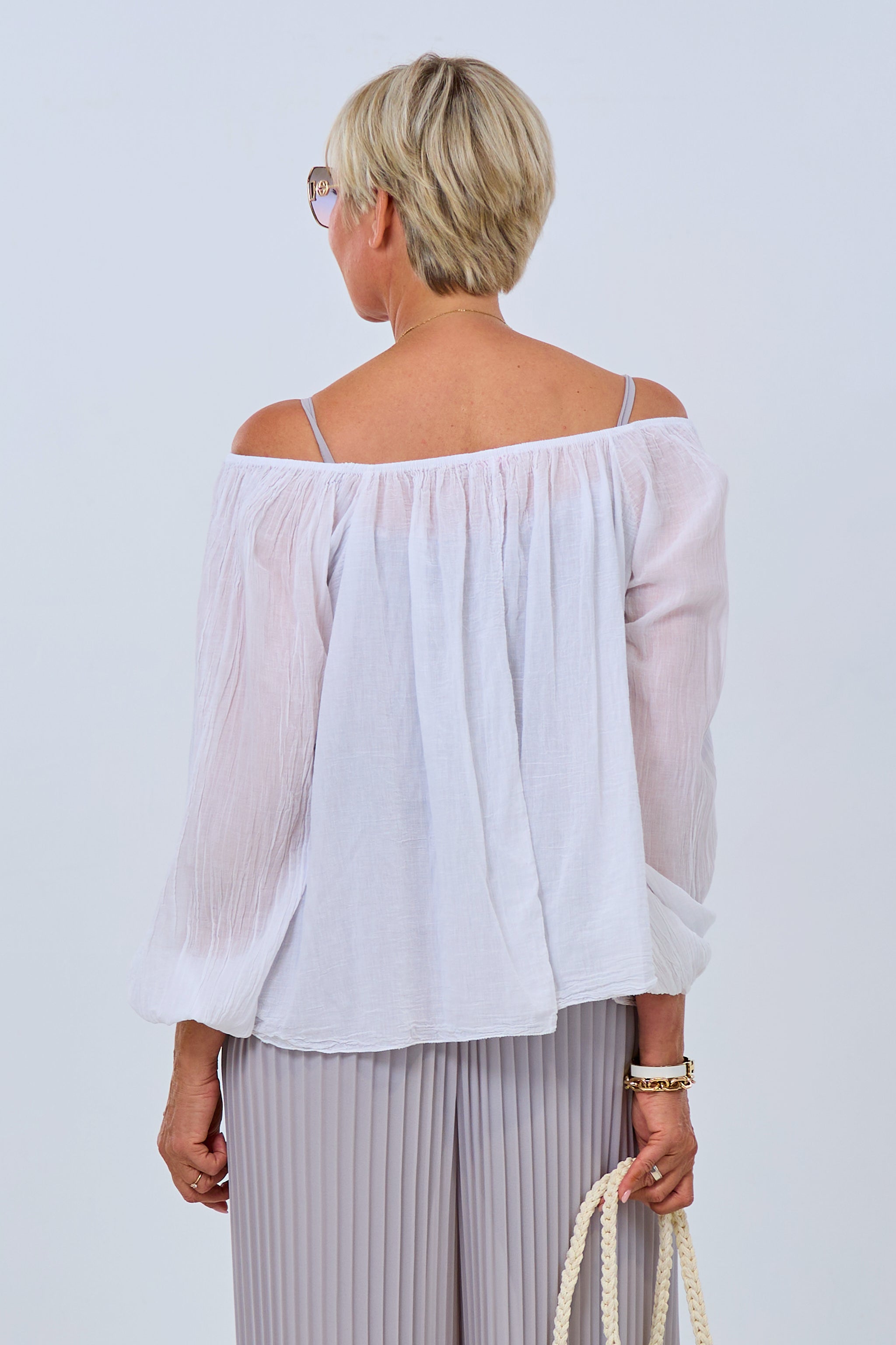 airy blouse with off-the-shoulder neckline, white