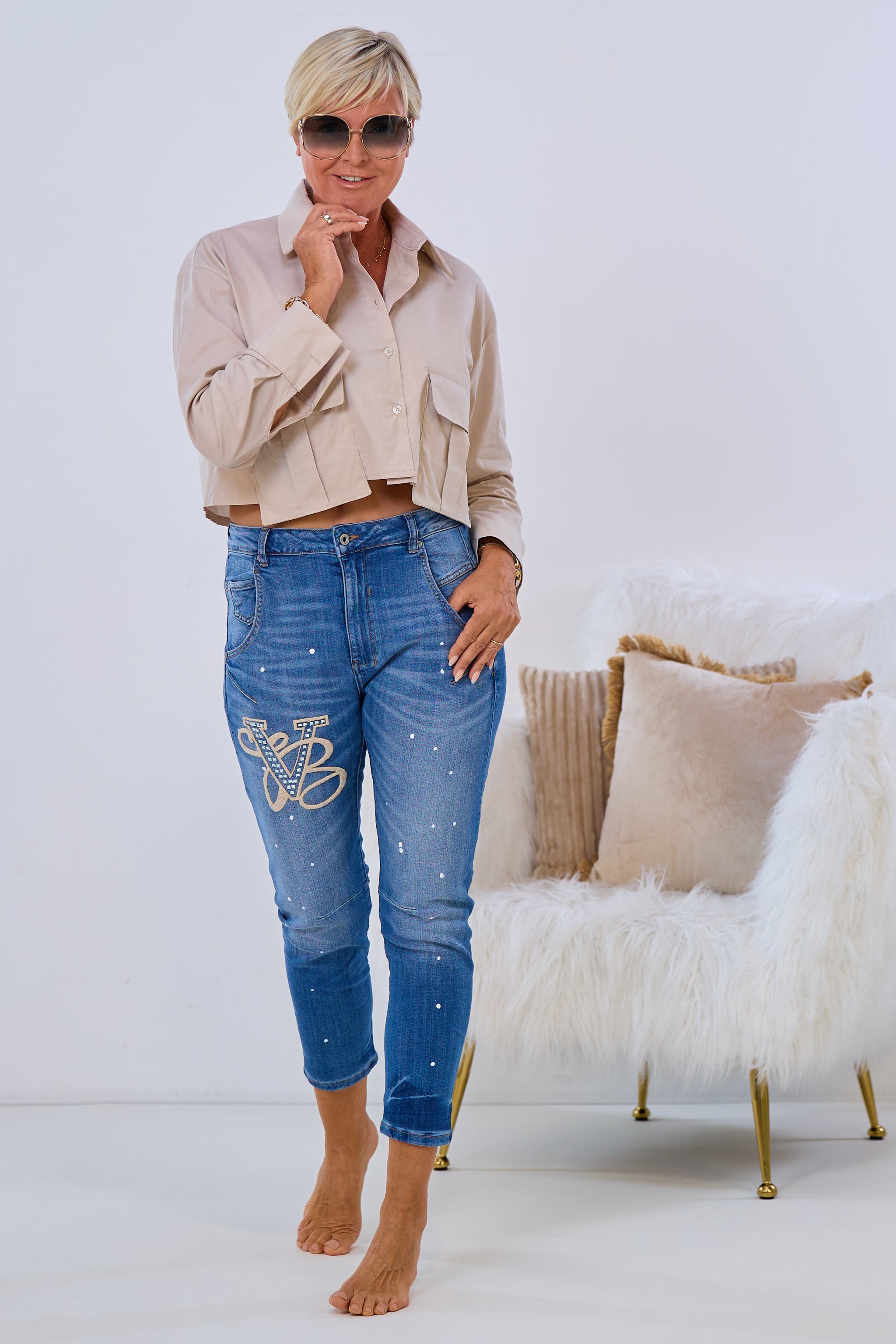 Cropped blouse with pockets, beige