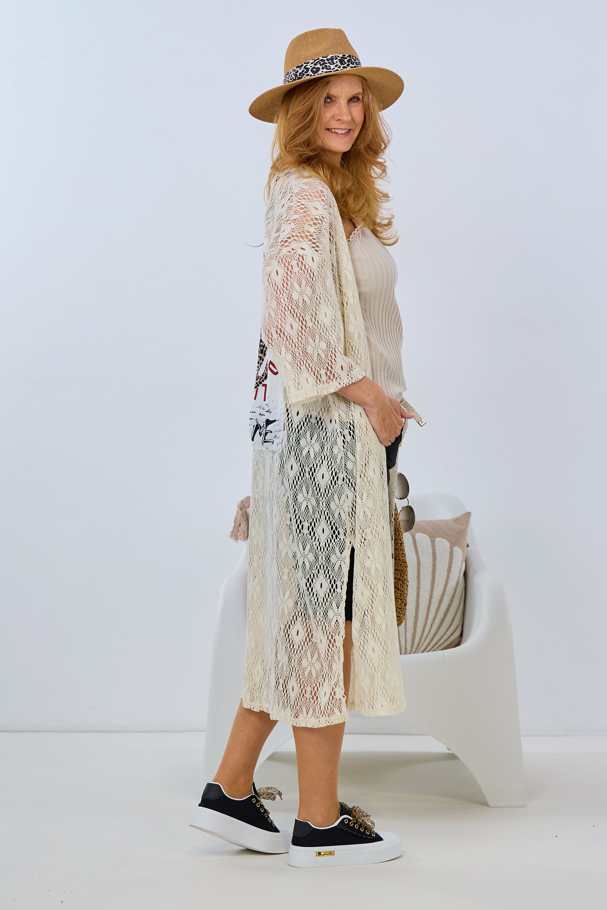 Long jacket with slit and printed motif skirt, cream