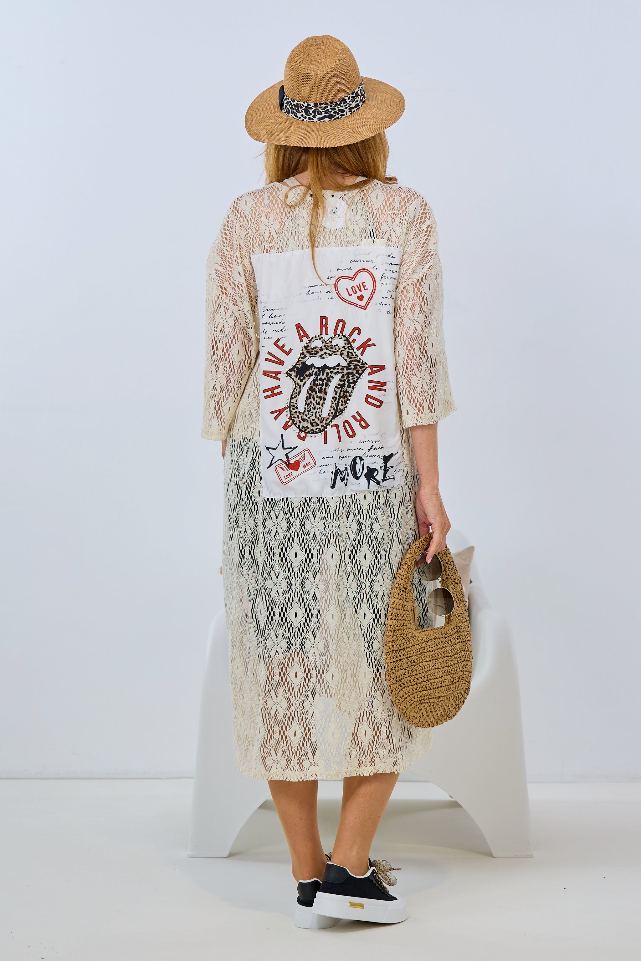 Long jacket with slit and printed motif skirt, cream