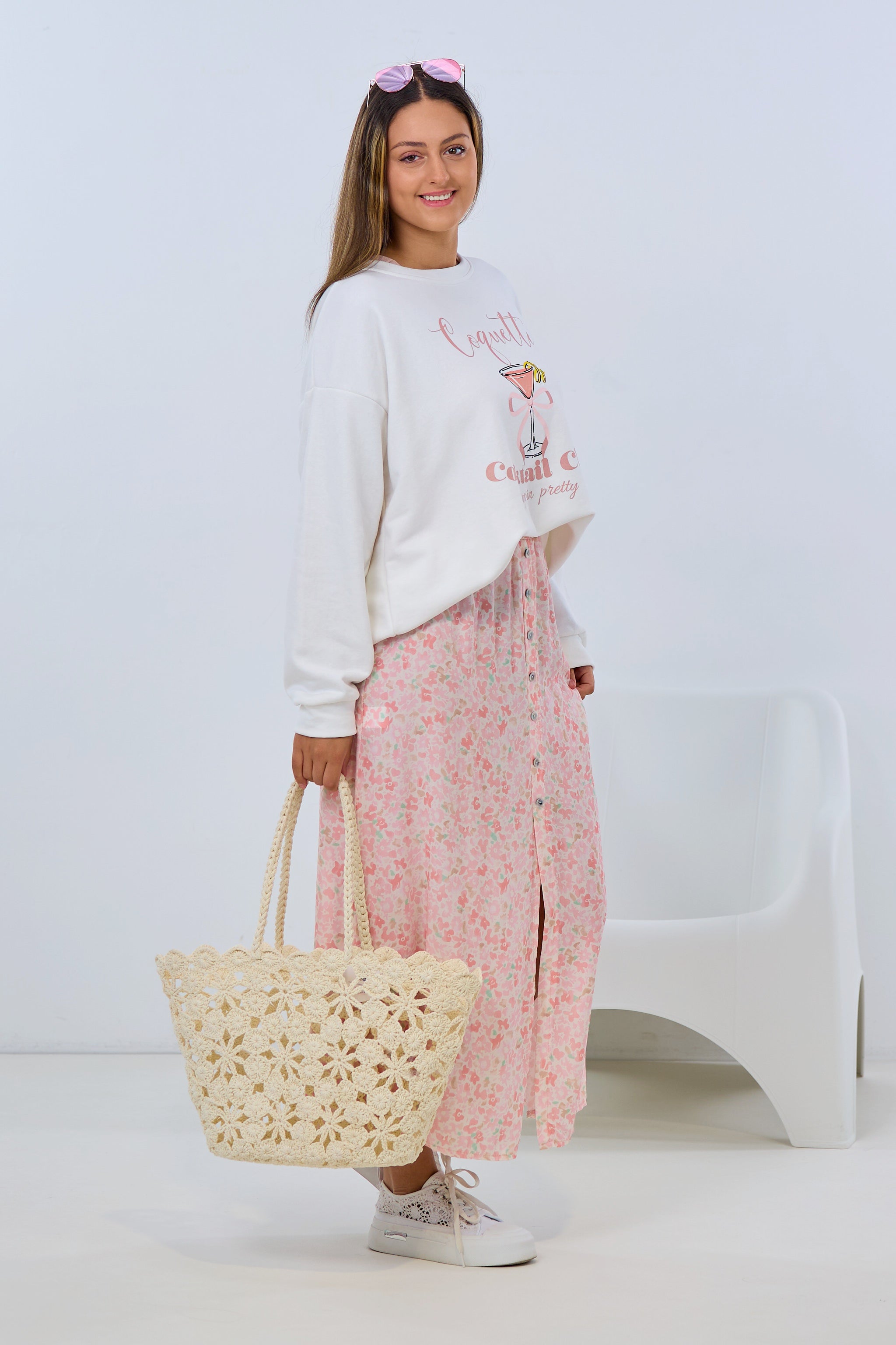 Rock mit kleinem Blumen-Muster, rosa-ecru