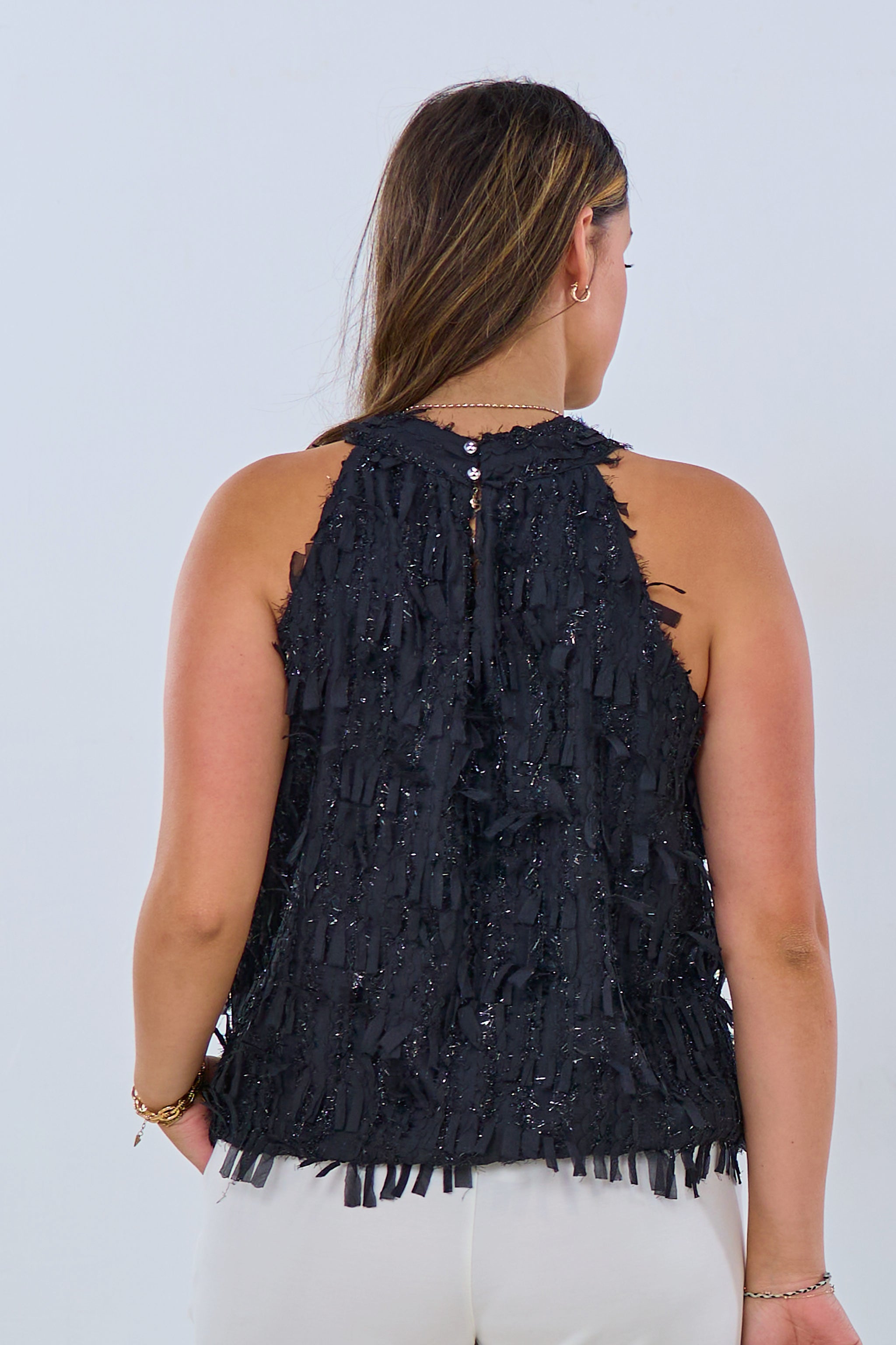 Neckholder Top mit Cut-Out-Fransen und Glitzer, schwarz