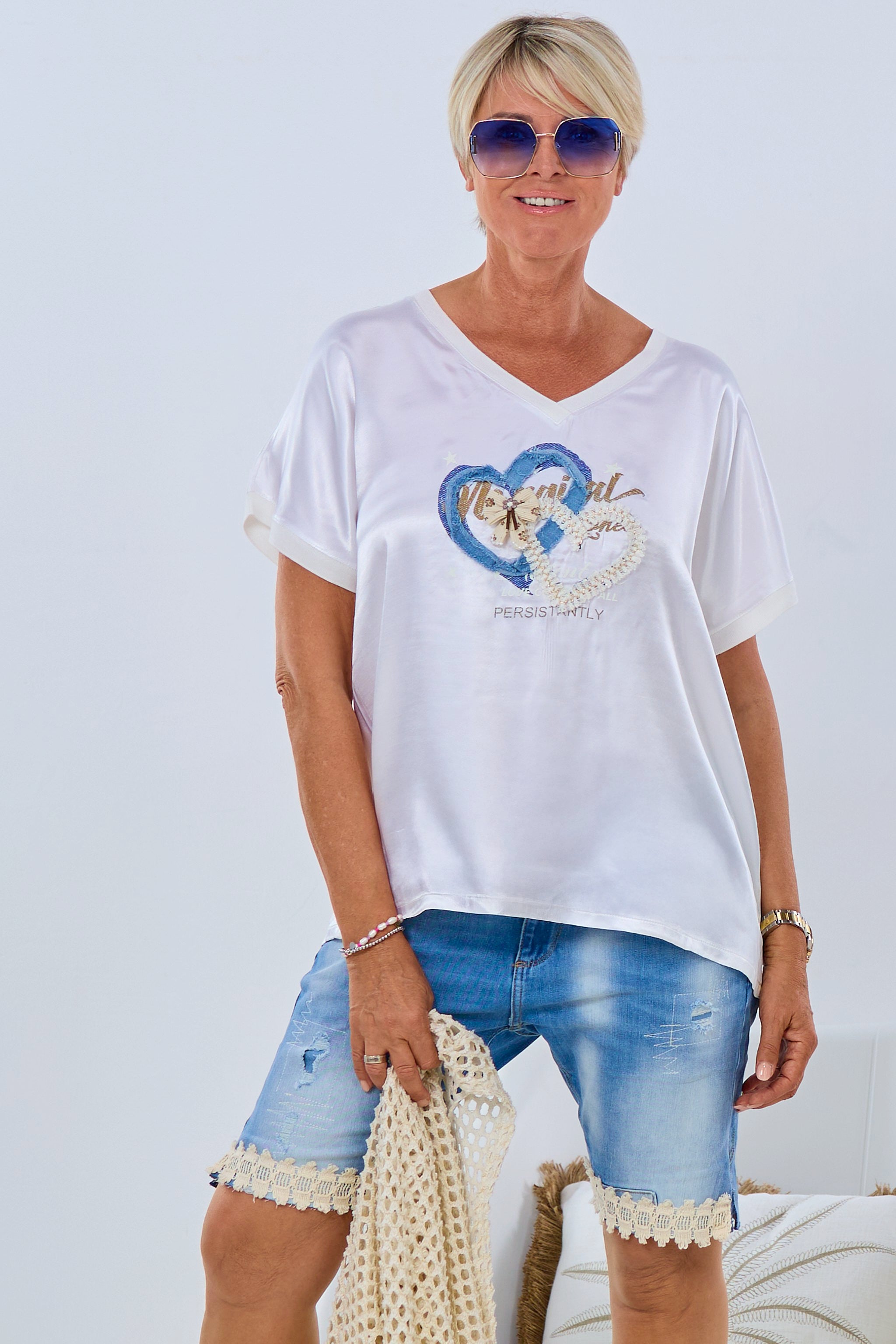 Satin Shirt mit Herzen, ecru