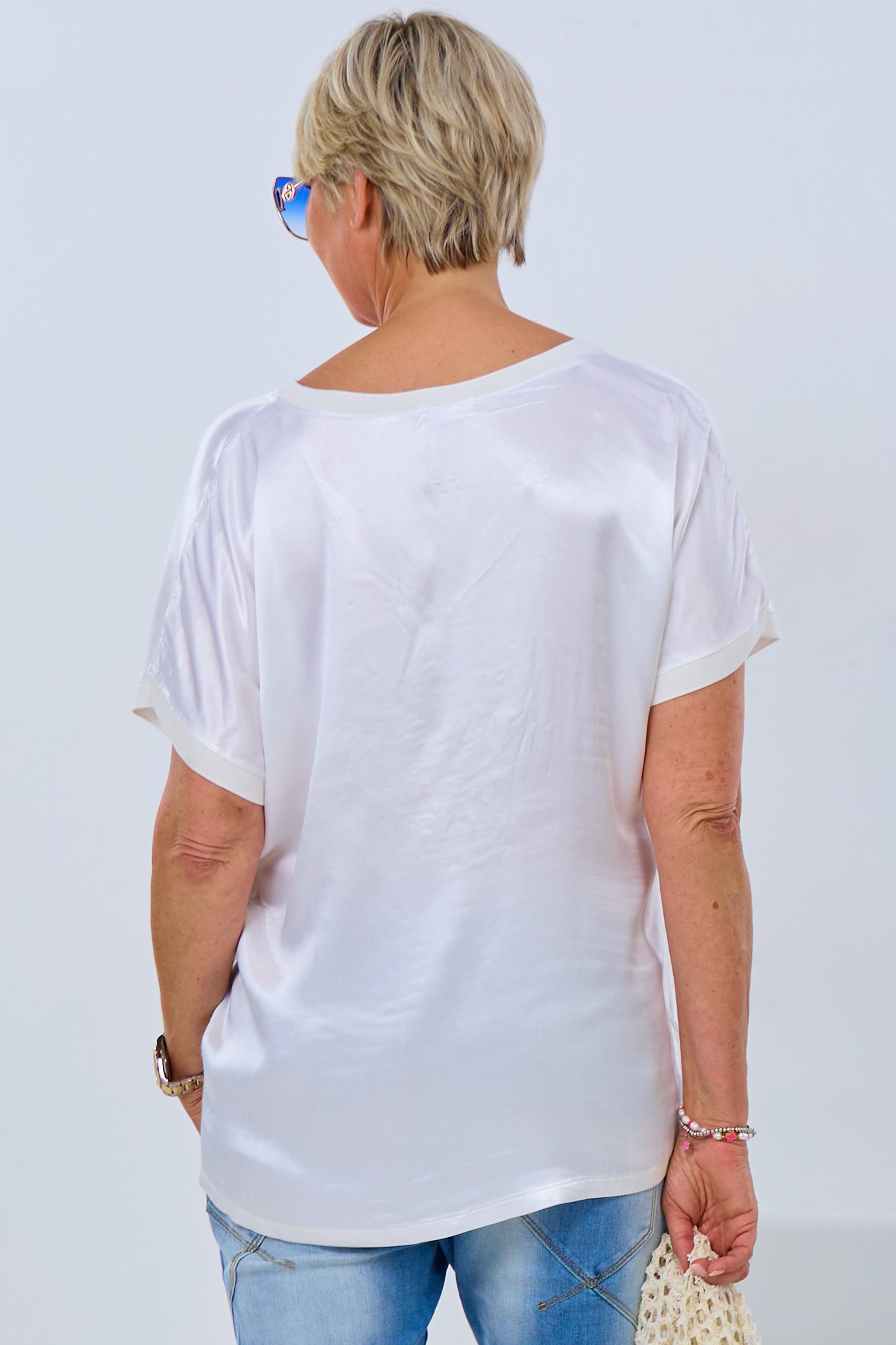 Satin Shirt mit Herzen, ecru