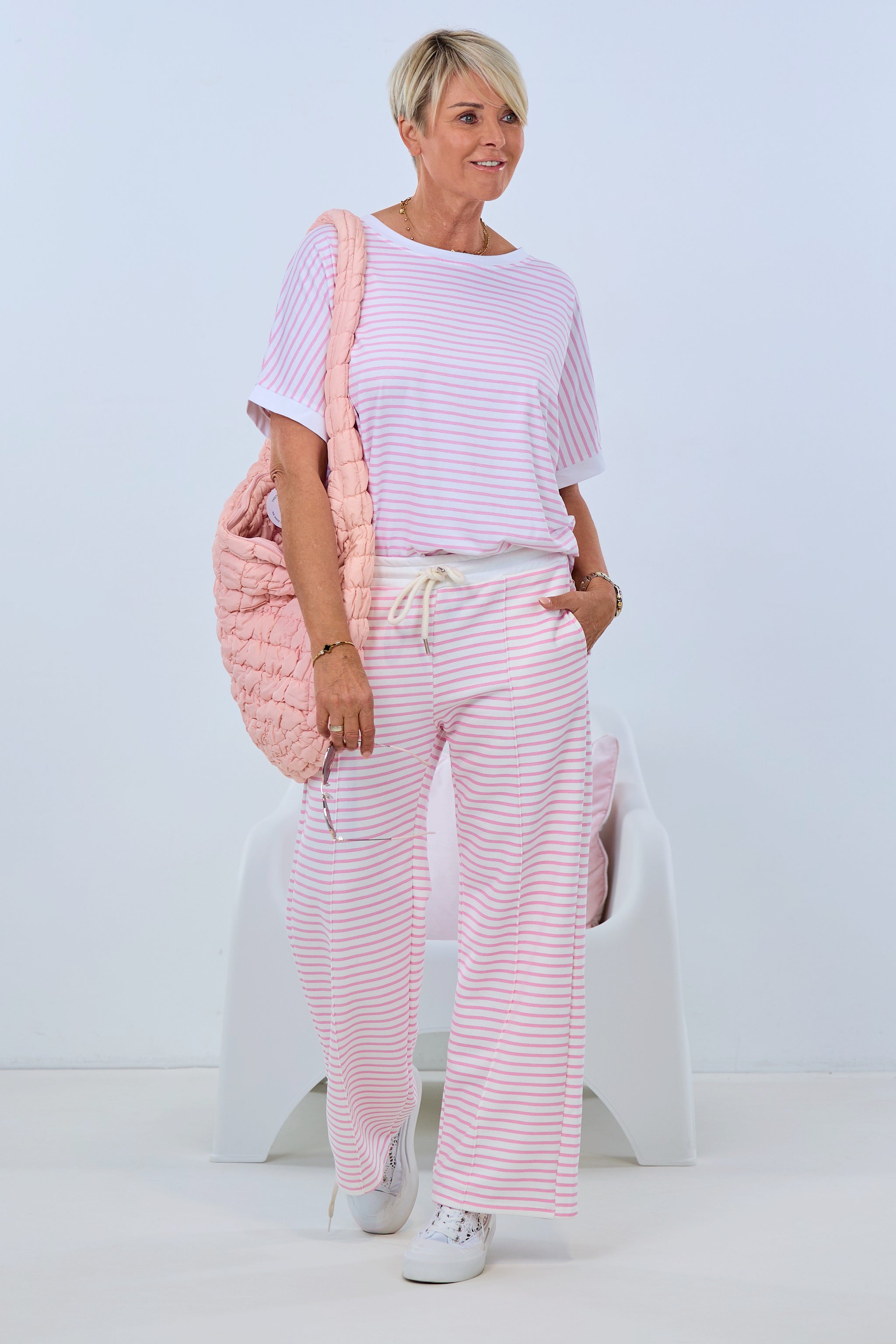 Oversized Shirt geringelt, rosa-weiß