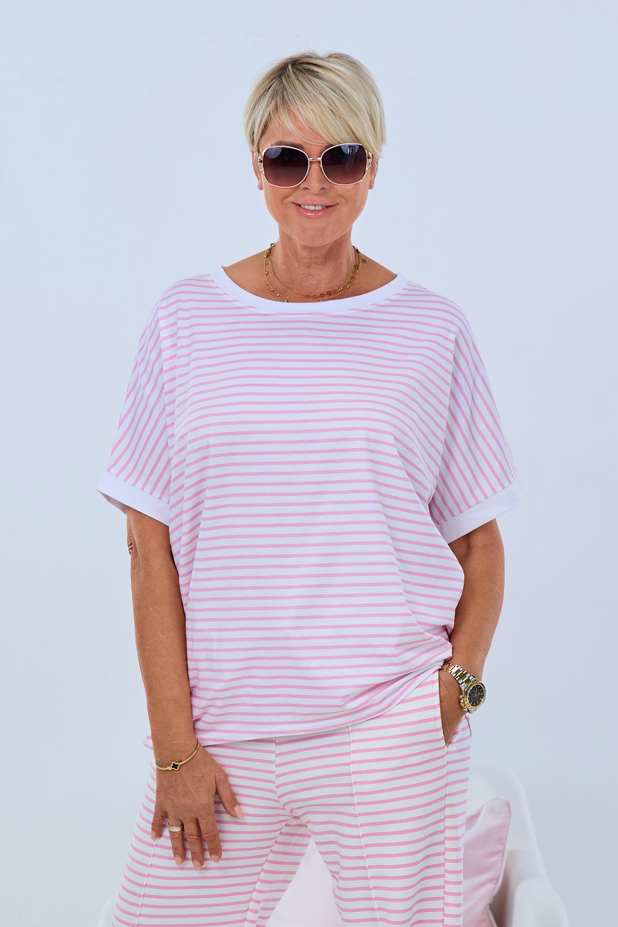 Oversized Shirt geringelt, rosa-weiß