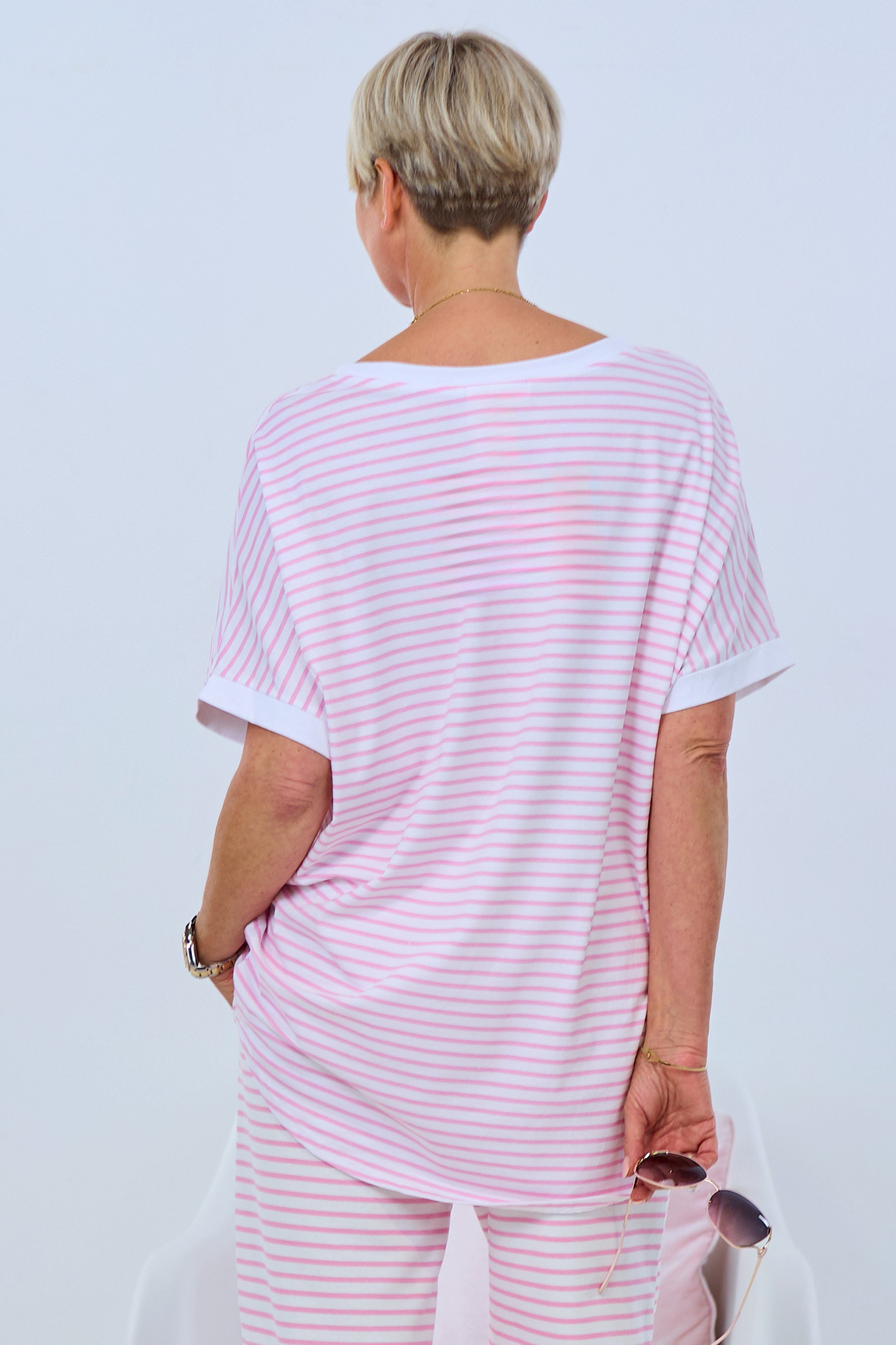 Oversized Shirt geringelt, rosa-weiß
