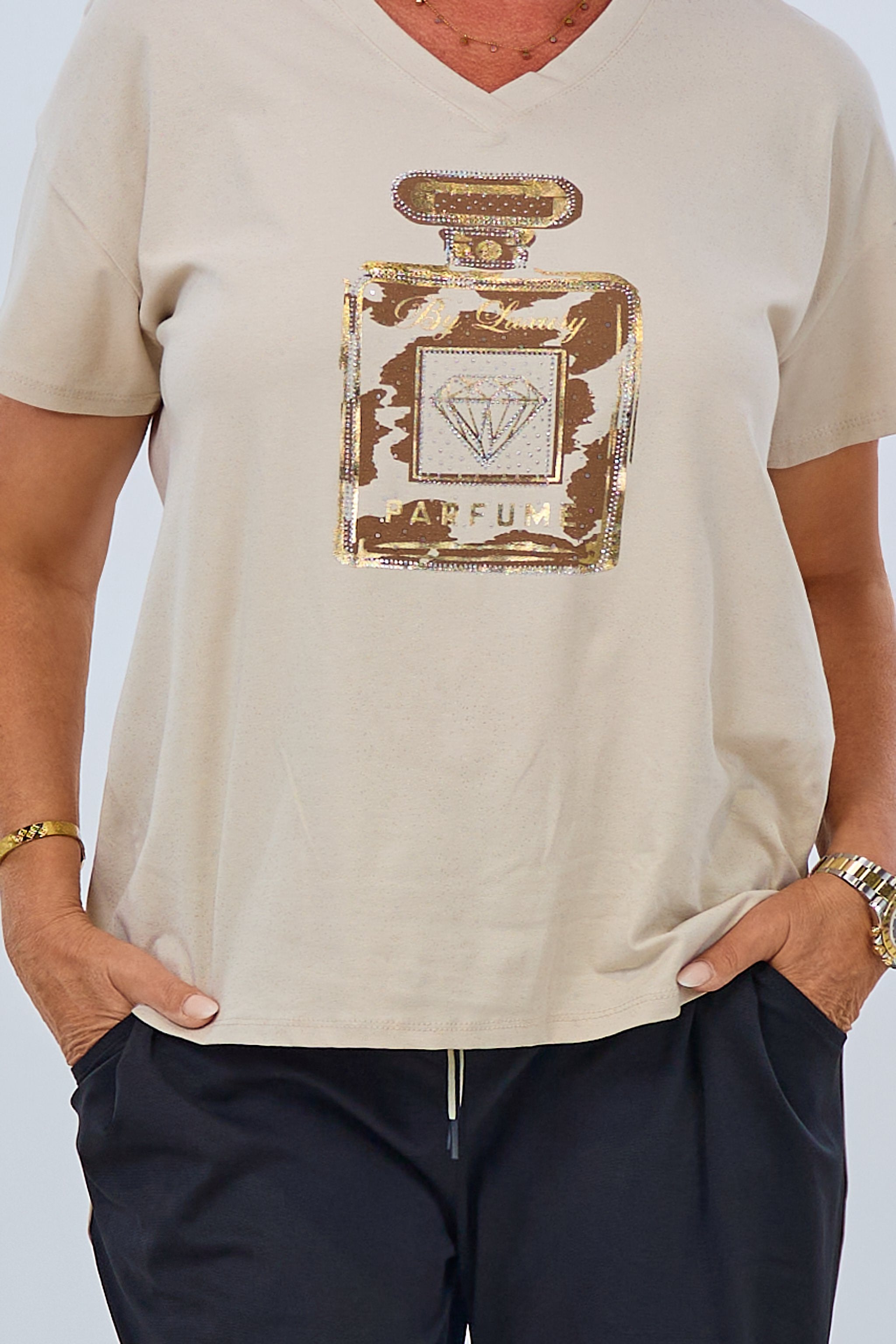 Glitzer Shirt mit Flacon, dunkelbeige