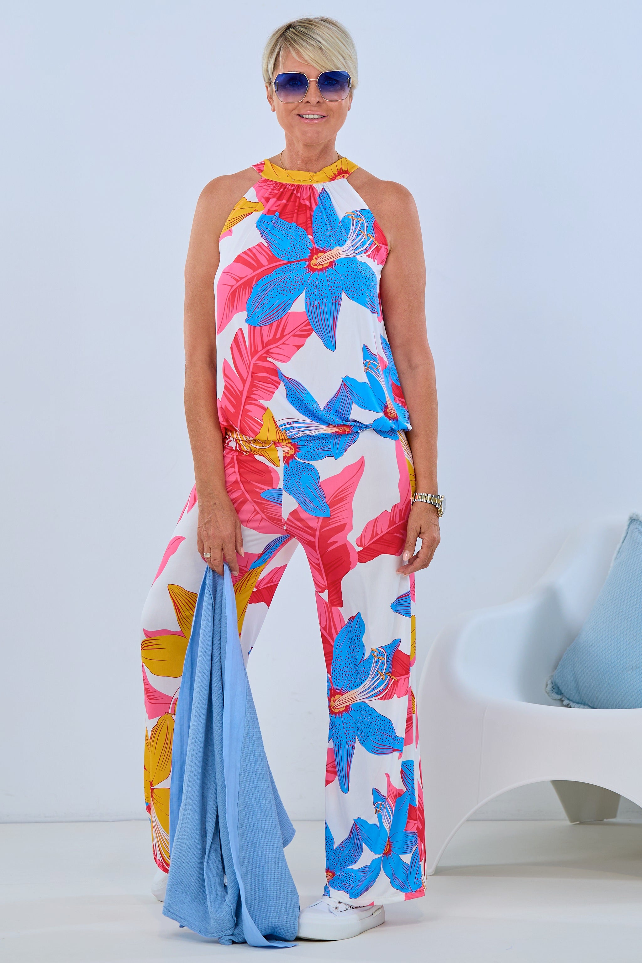 Neckholder Top, blau-koralle-bunt
