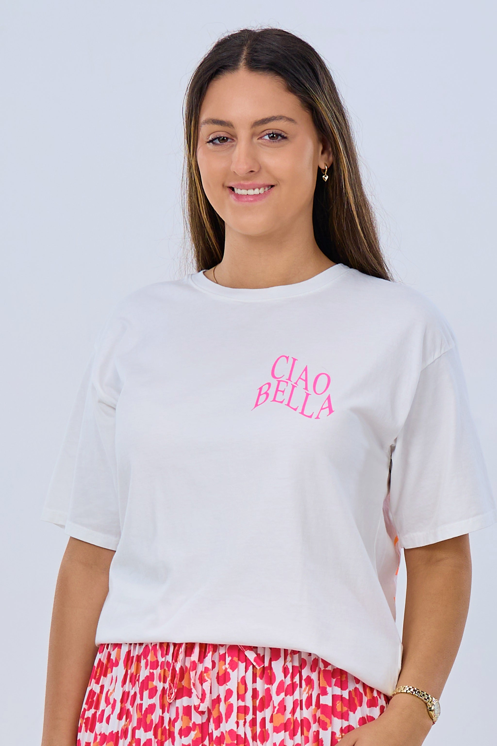 T-shirt with BELLA CIAO print, white-neon orange-pink