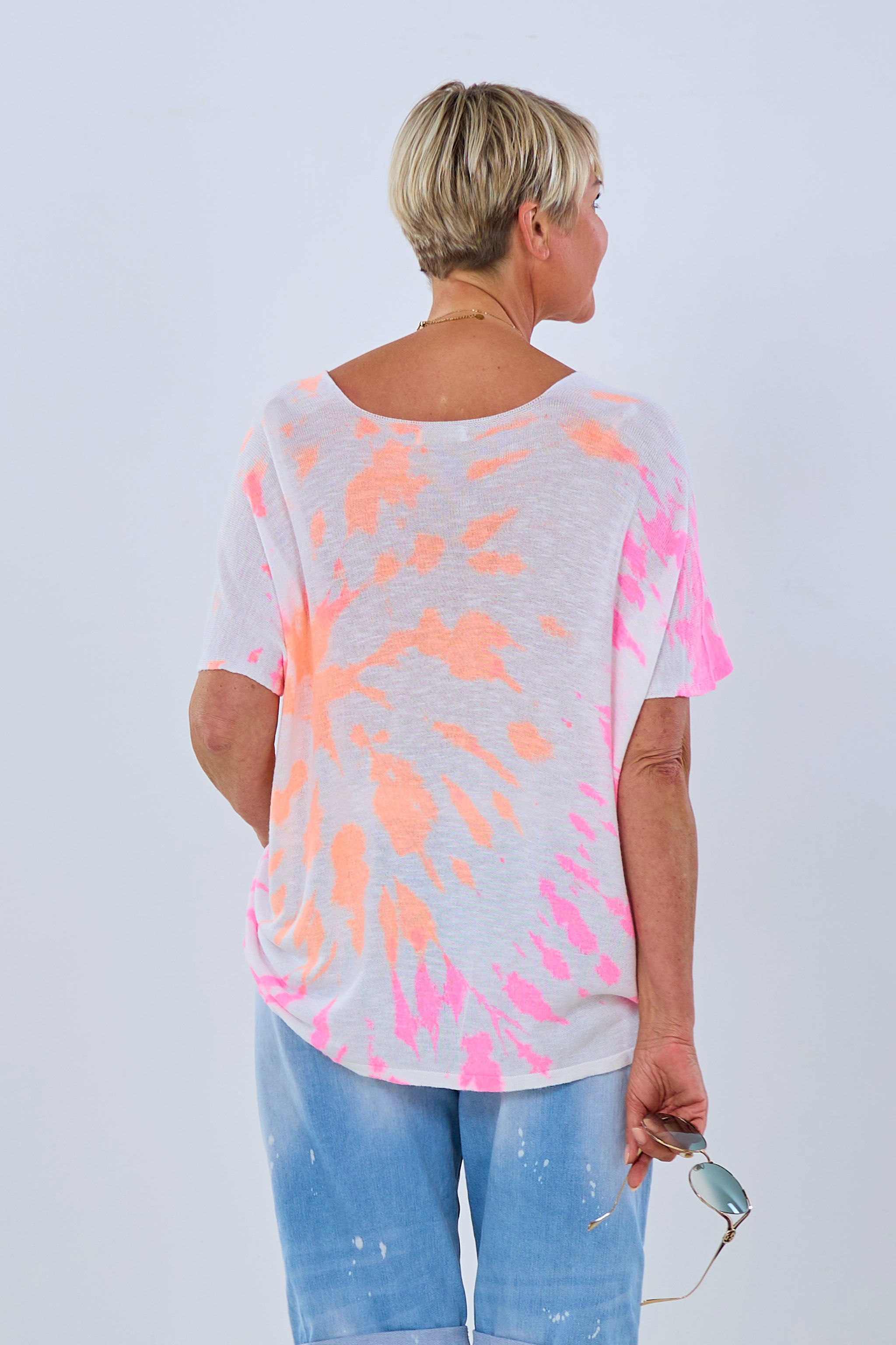 short-sleeve shirt NEON Batik, ecru-orange-pink