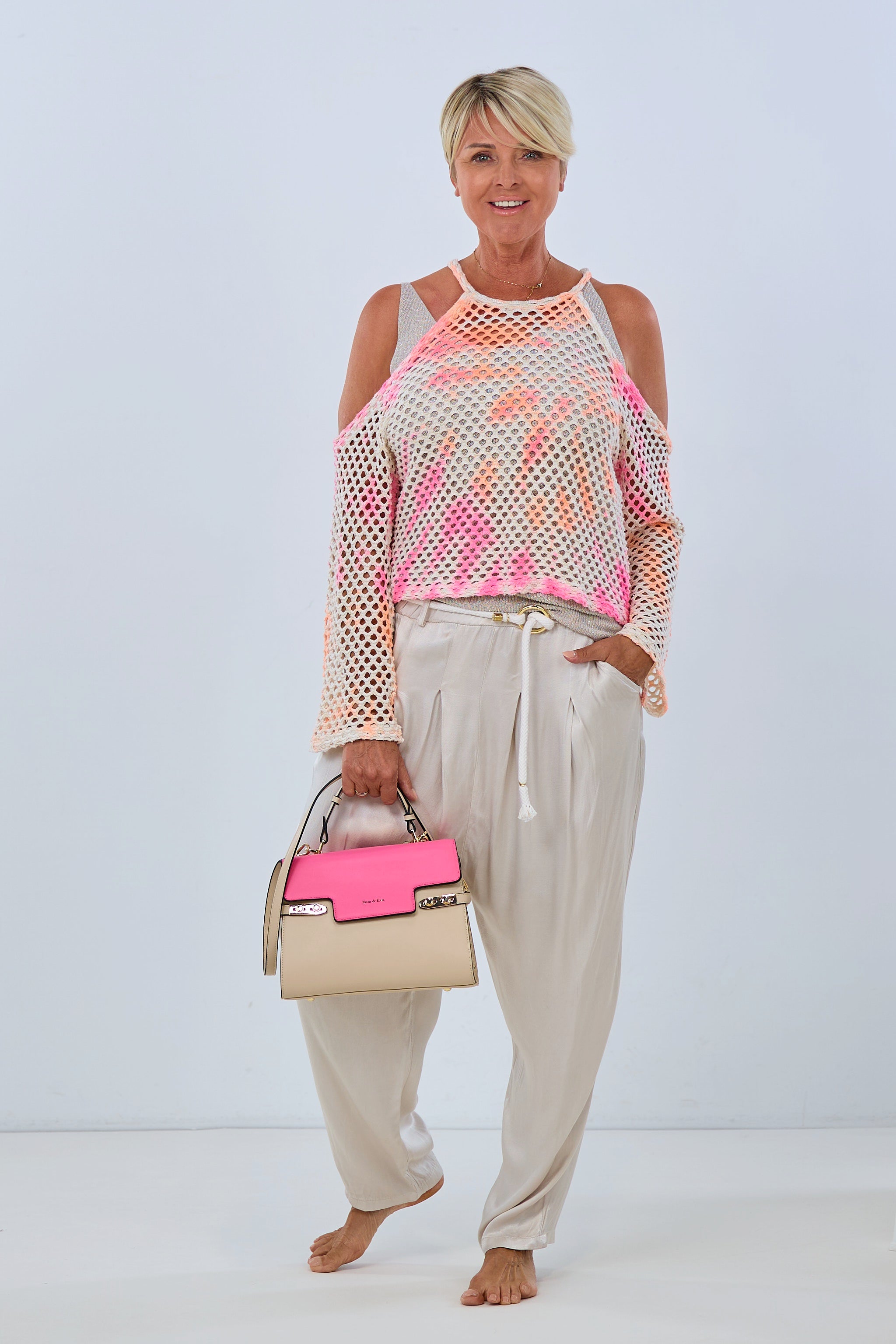 Hole-knit Sweater NEON Batik, cream-pink-orange