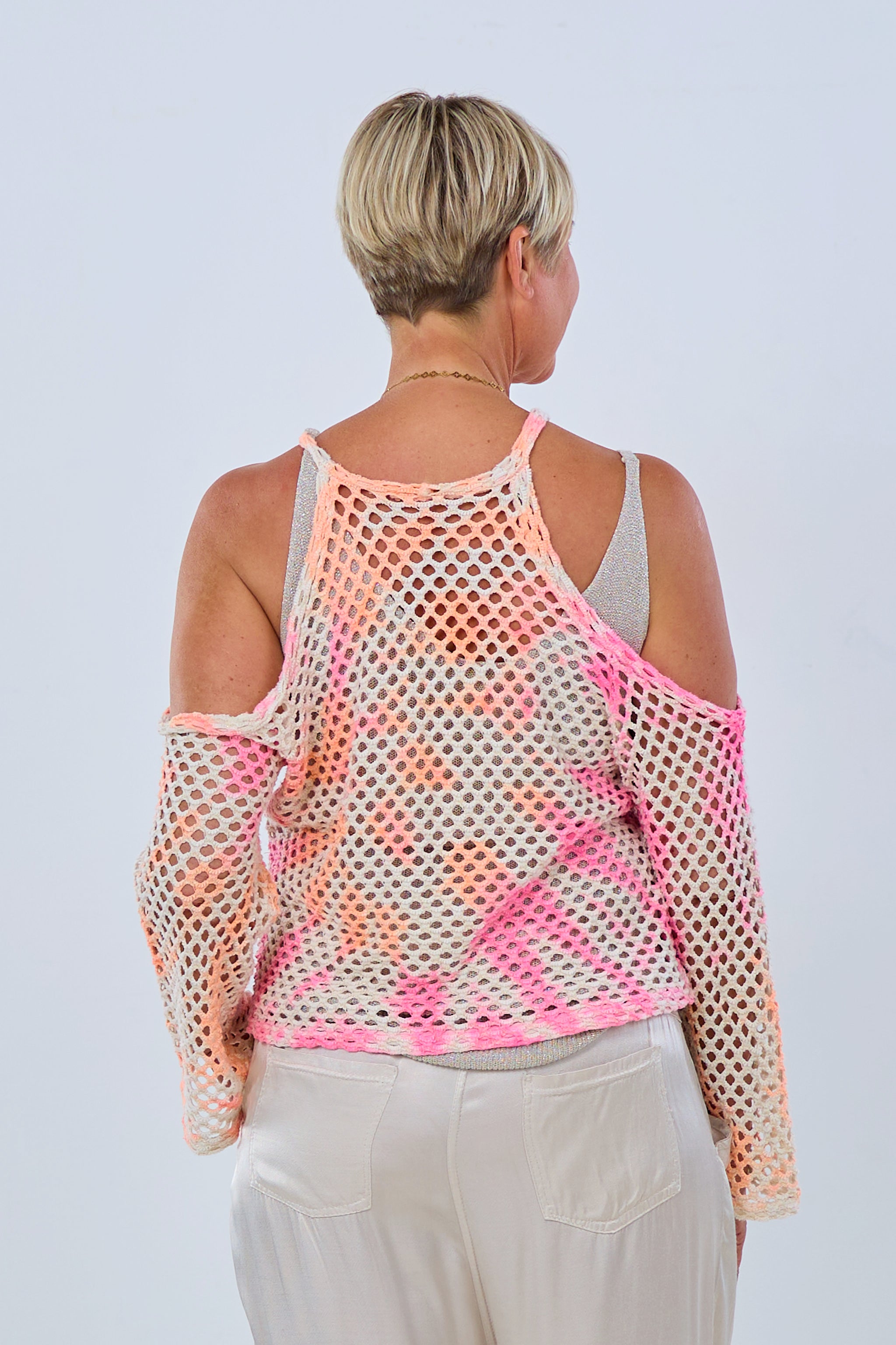 Hole-knit Sweater NEON Batik, cream-pink-orange